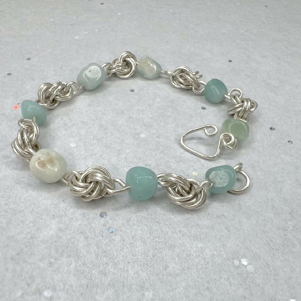 Sterling silver love knot amazonite bracelet detail