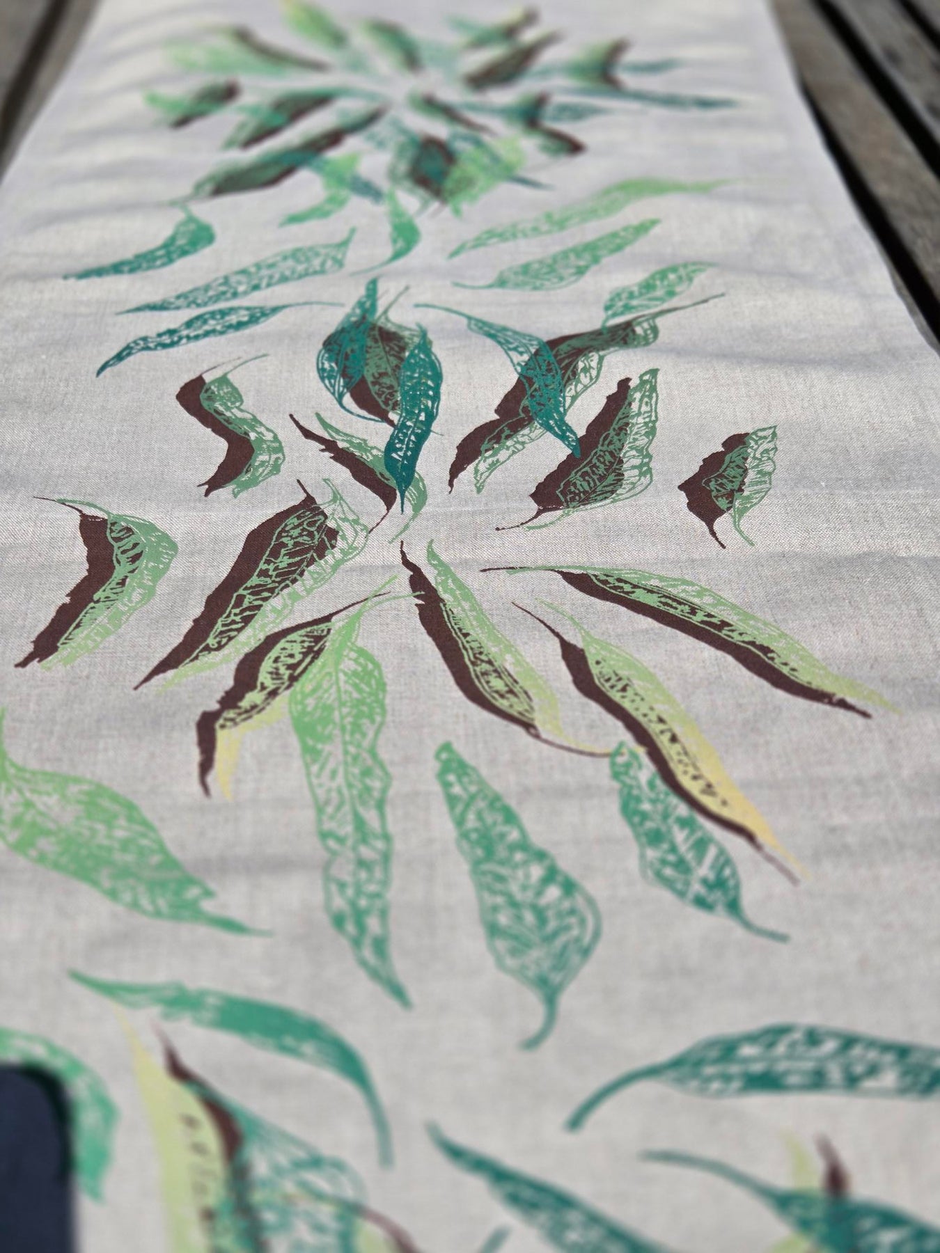 Hand Screen Printed Linen Table Runners-Eucalypt Fallen Leaves (choice of 2 colourways)