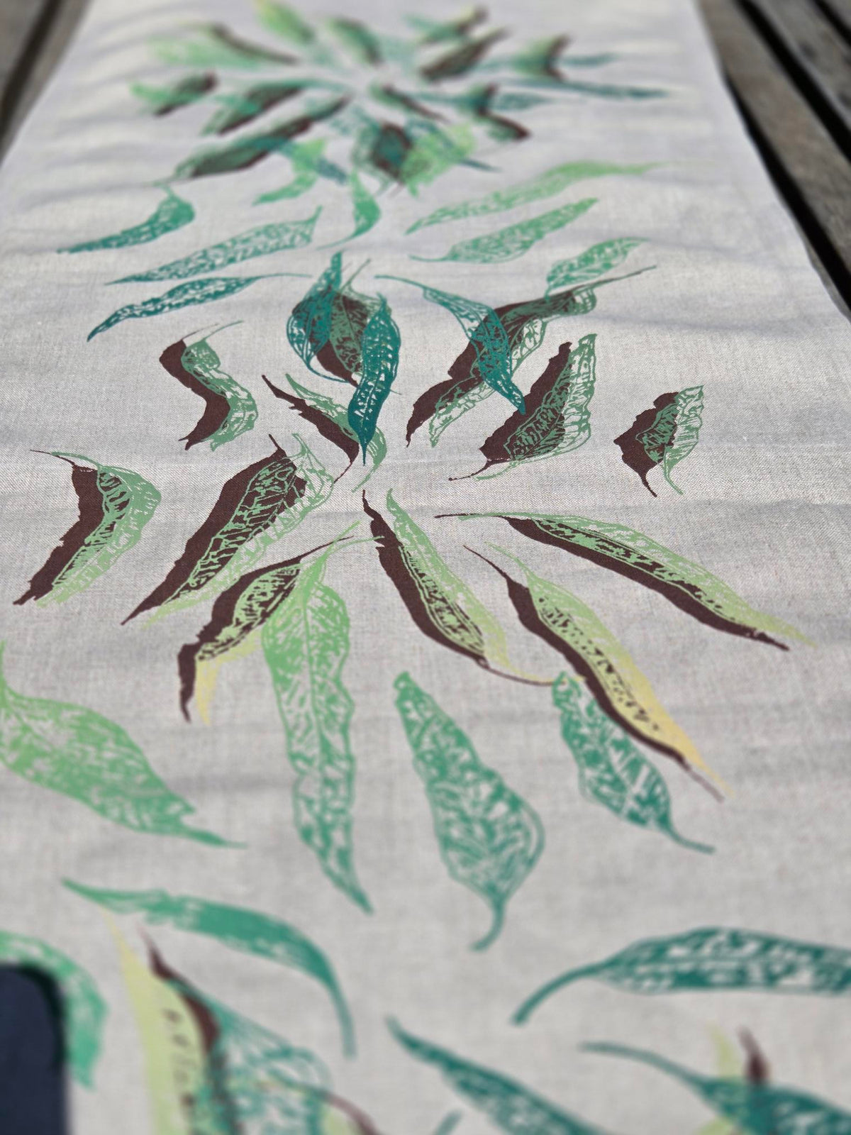 Hand Screen Printed Linen Table Runners-Eucalypt Fallen Leaves (choice of 2 colourways)