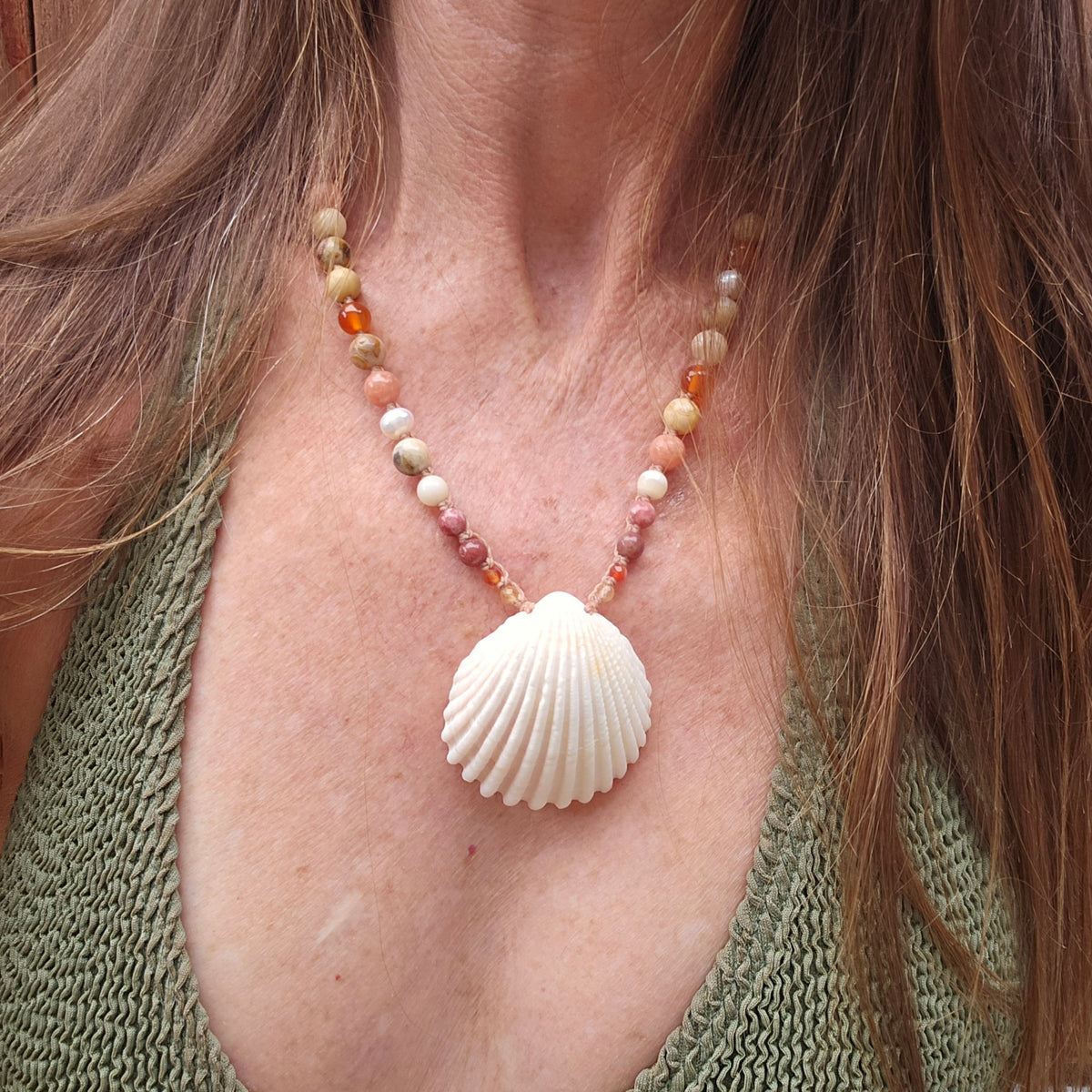 Cockle Shell Necklace Adjustable with Pearls and Gemstones
