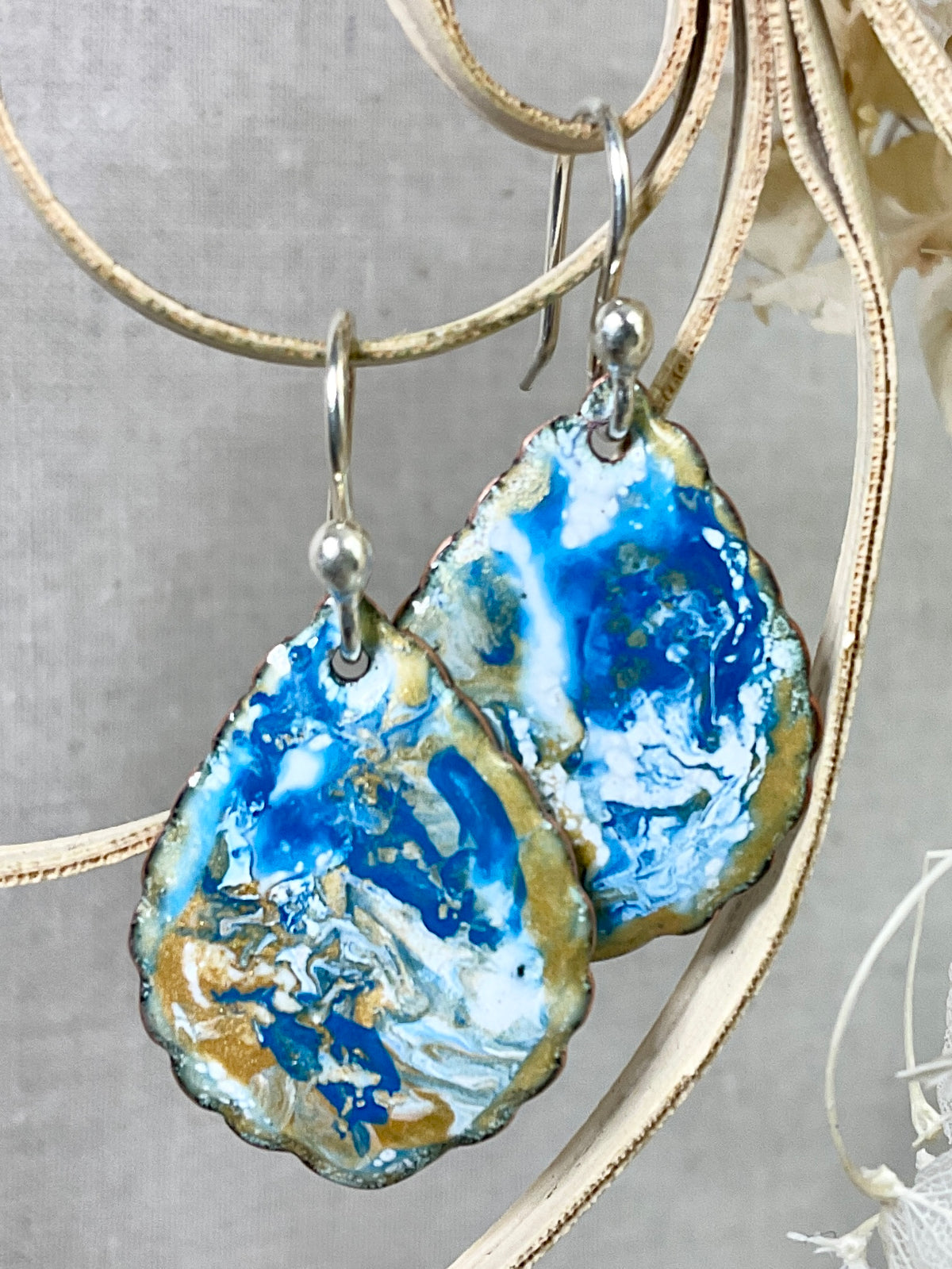 Gold blue and white swirl. Enamel earrings. Handmade