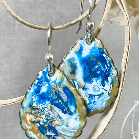 Gold blue and white swirl. Enamel earrings. Handmade
