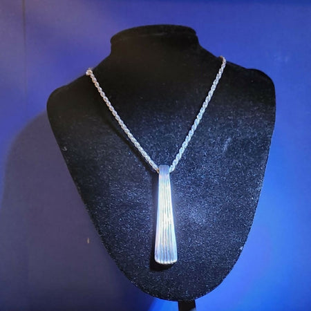 Pendant necklace, art deco embossed silver, recycled cutlery
