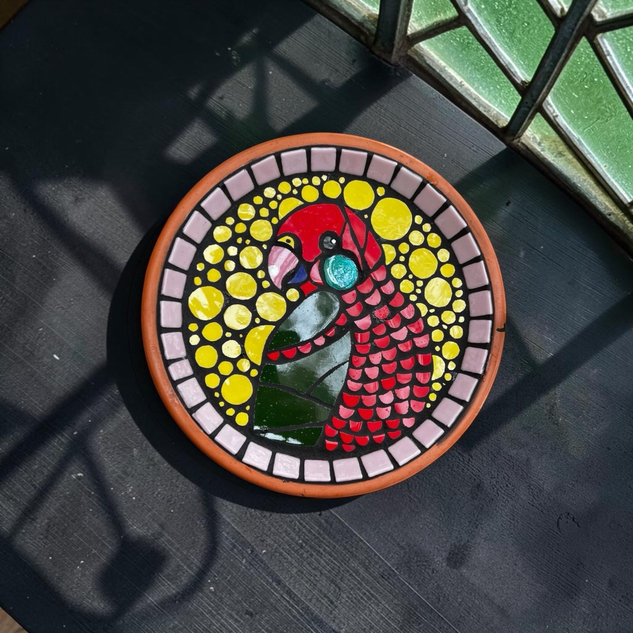 Mosaic Birdbath. King Parrot.