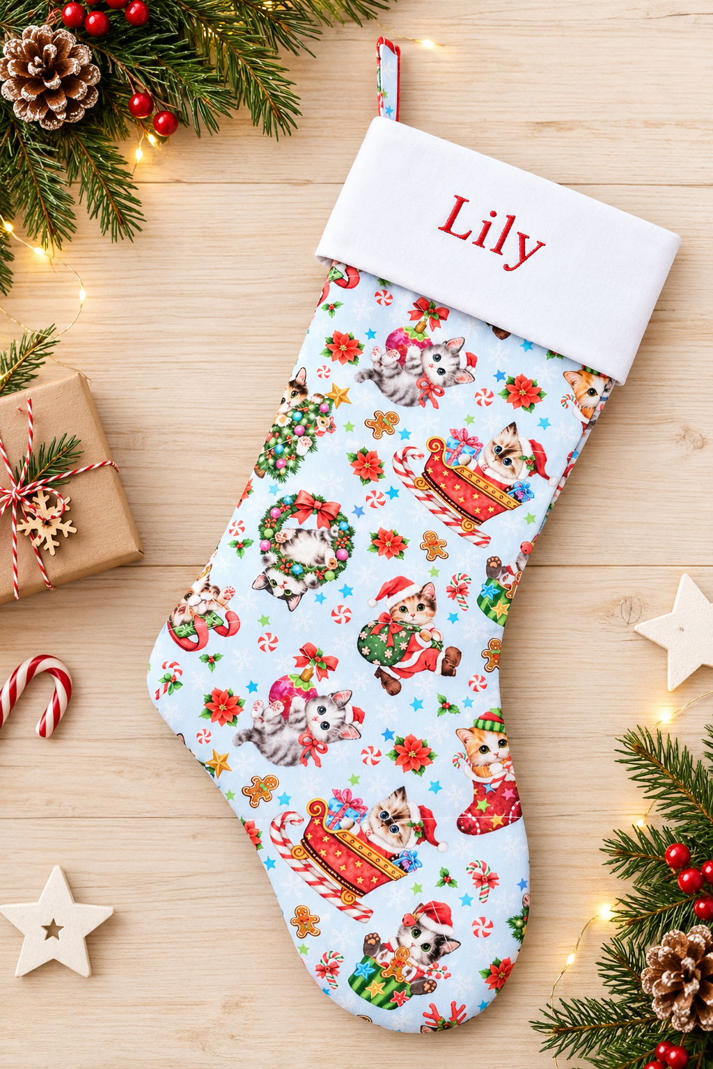 Personalized Quilted Christmas Stocking: Extra Long Kitten Design