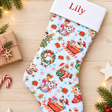 Personalized Quilted Christmas Stocking: Extra Long Kitten Design