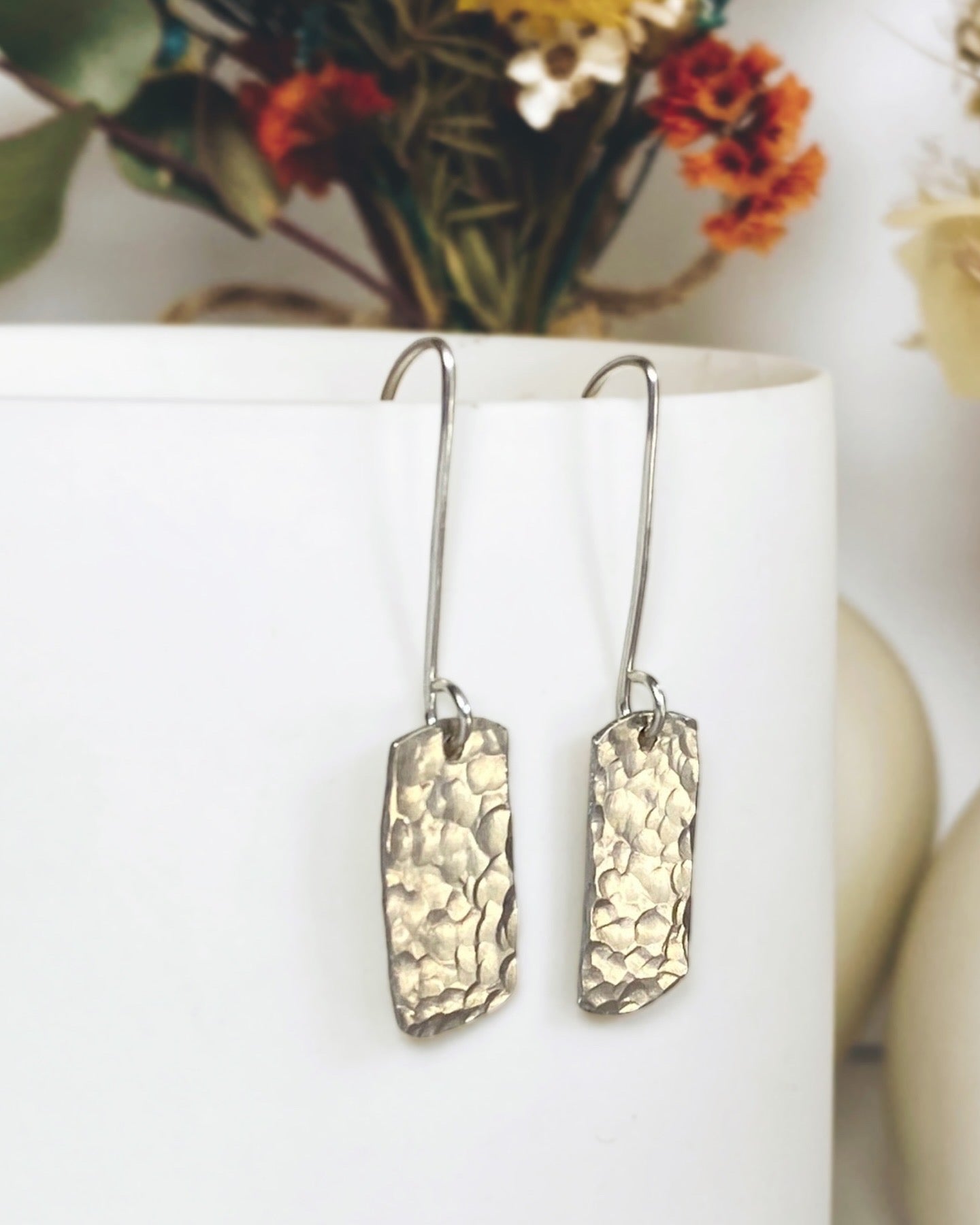 Dimpled rectangle dangle earrings | Sterling silver | Rain-drops | Matching necklace available