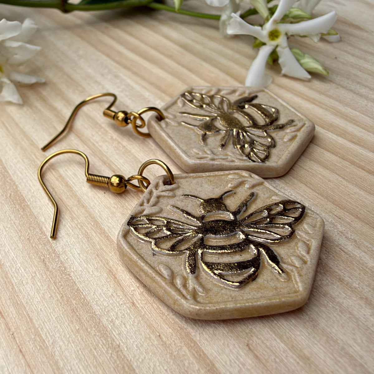 Gold embellished Ceramic Bee Earrings - Lightweight