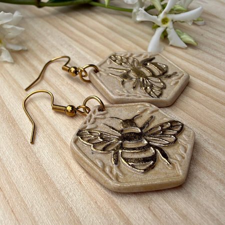 Gold embellished Ceramic Bee Earrings - Lightweight