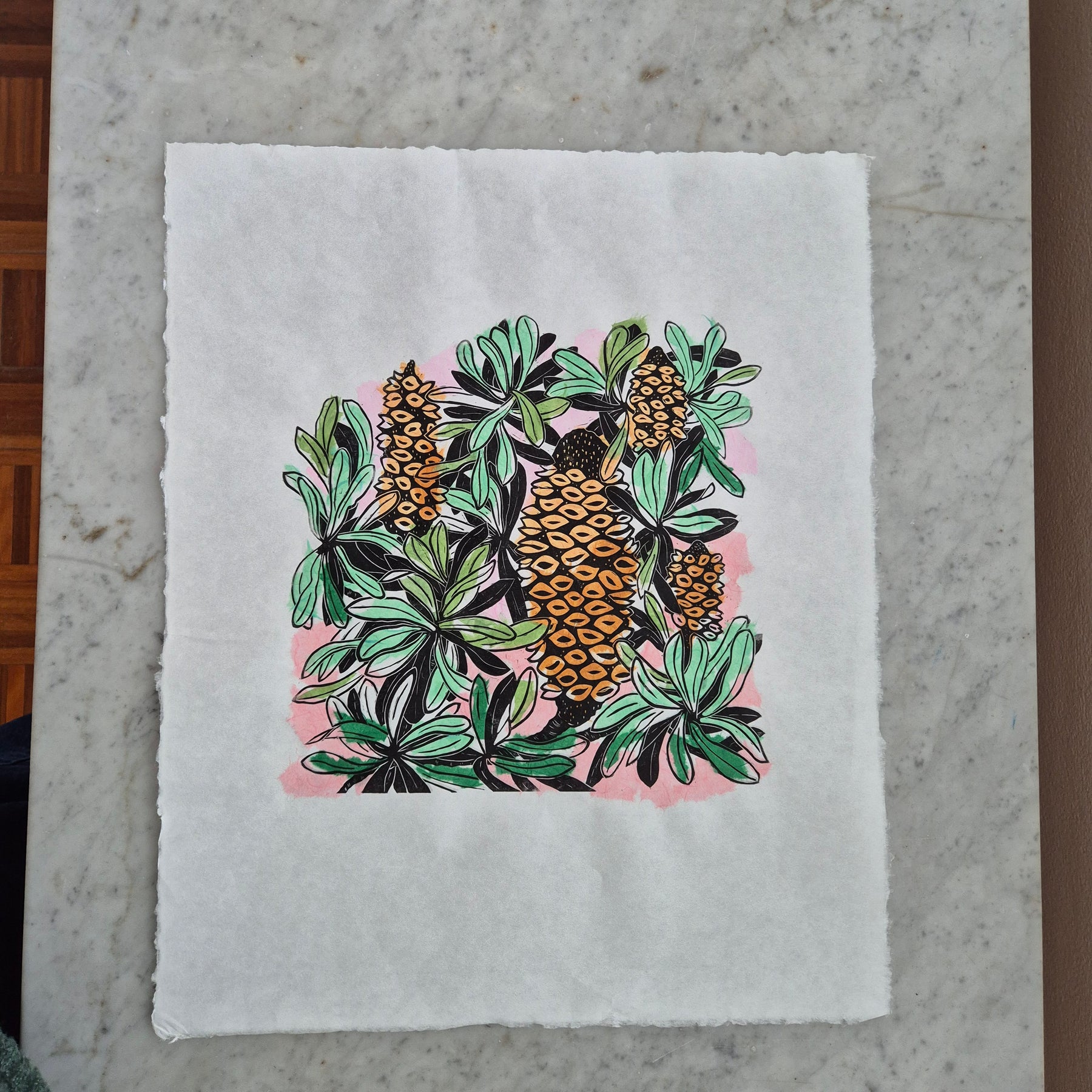Banksia linocut chine colle artwork Awagami paper