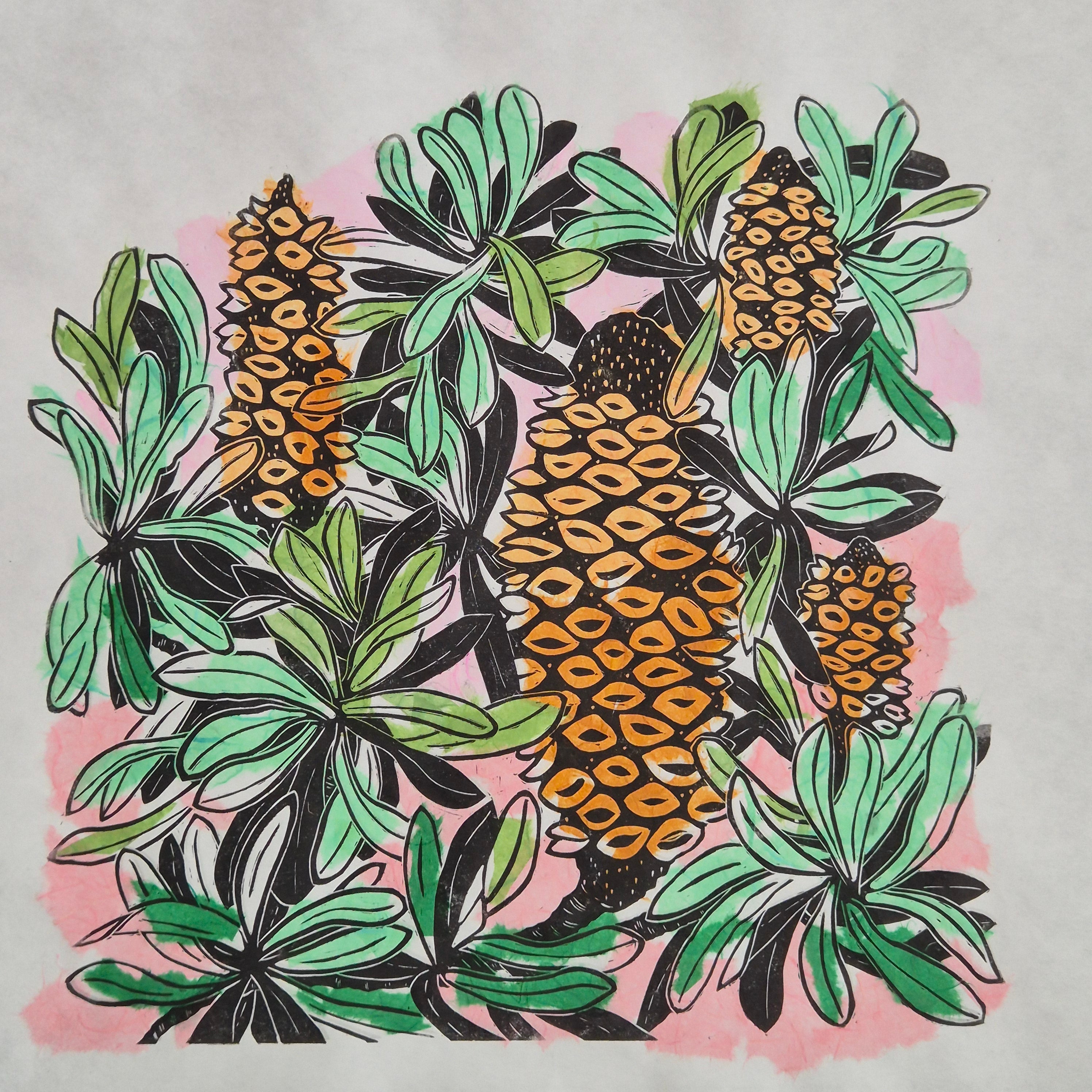 Banksia linocut chine colle artwork Awagami paper