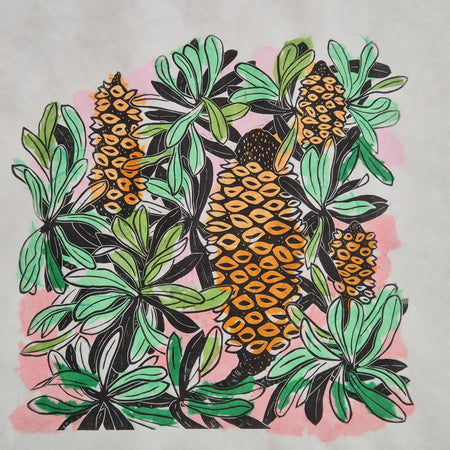 Banksia linocut chine colle artwork Awagami paper