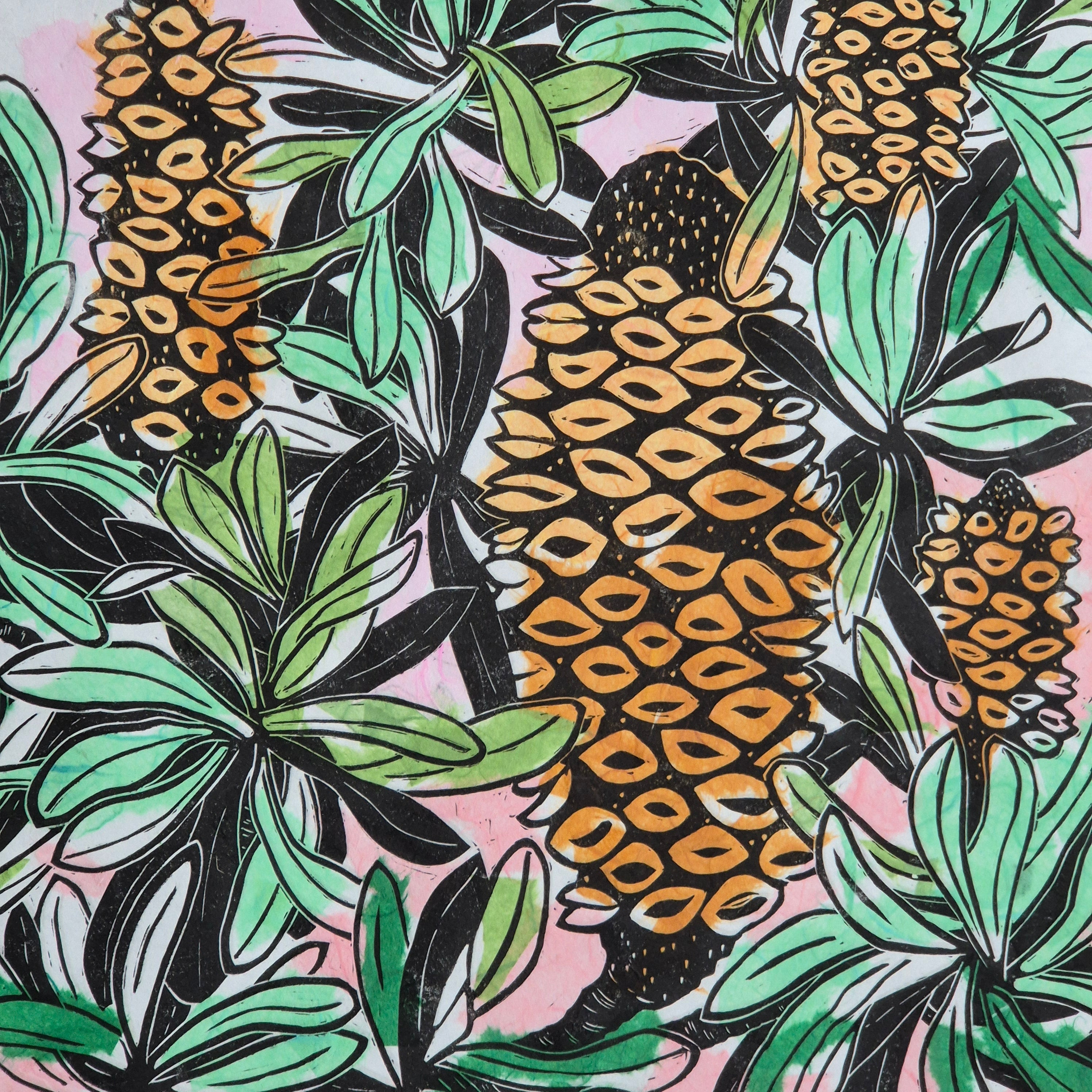 Banksia linocut chine colle artwork Awagami paper