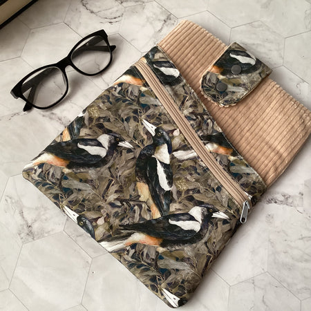 Australian magpies book sleeve with 2 pockets. iPad, tablet pouch