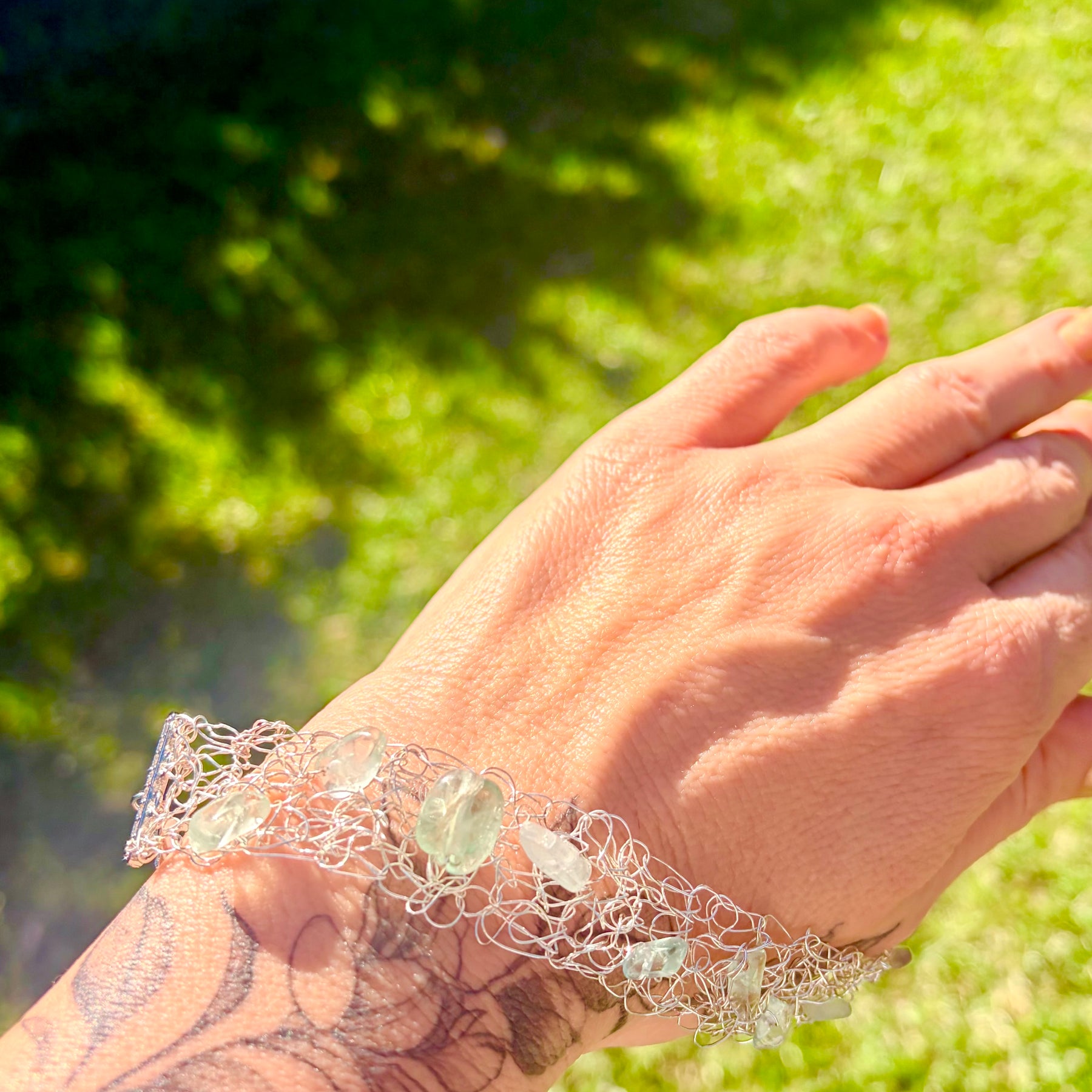 ✨FLUORITE WHISPER✨ Silver-blend crochet bracelet