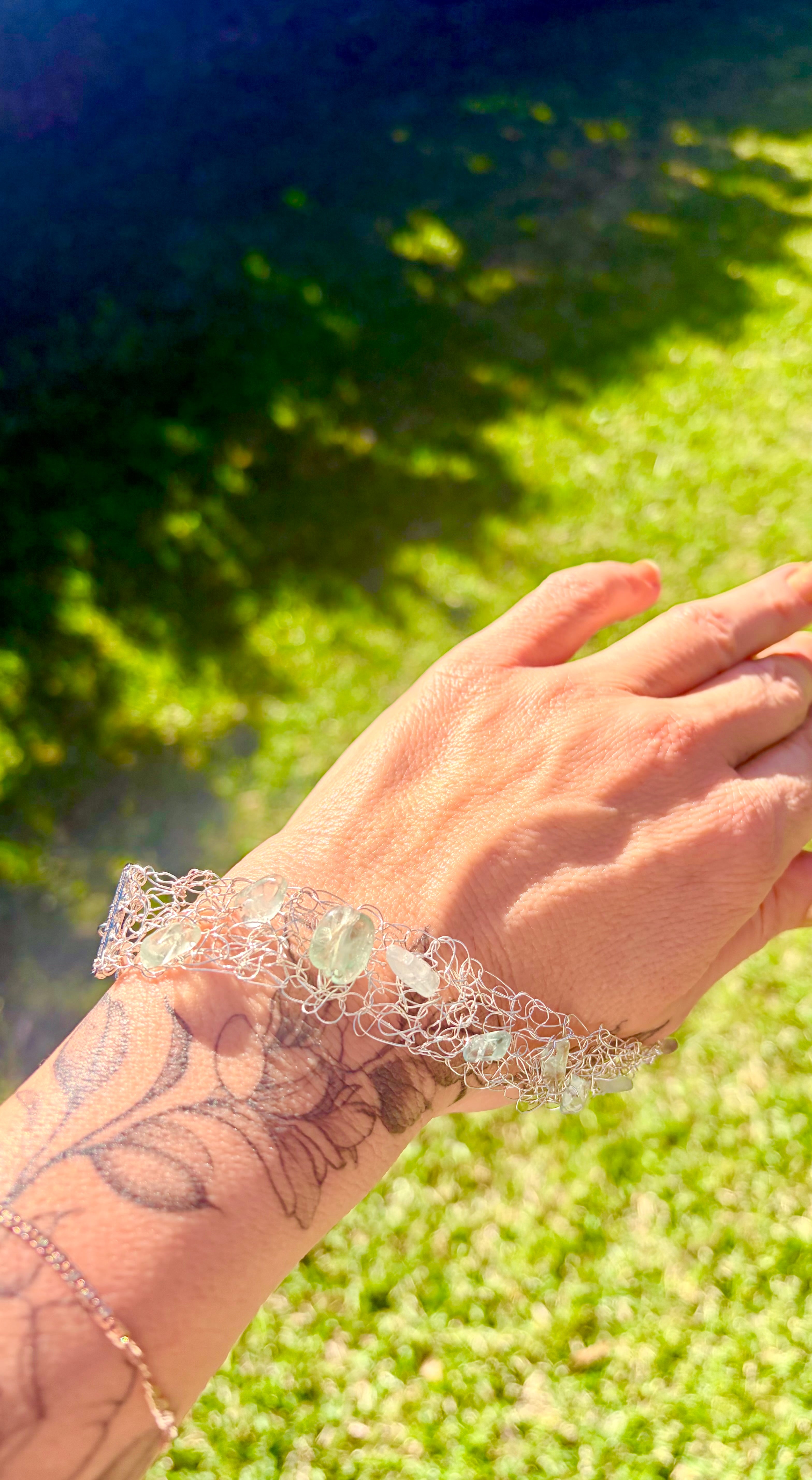 ✨FLUORITE WHISPER✨ Silver-blend crochet bracelet