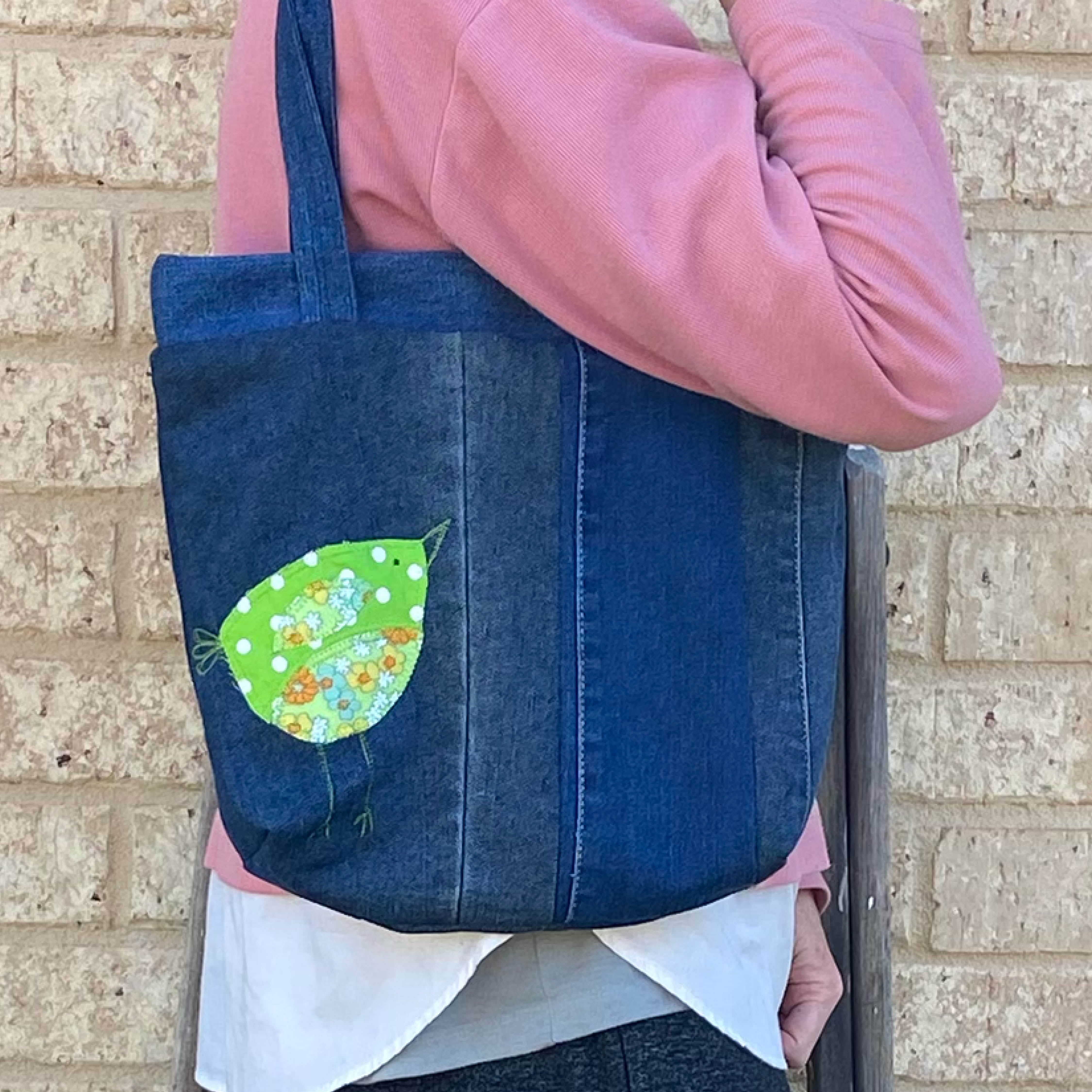 Green Wing Denim Handmade Tote Bag Upcycled Vintage Fabrics & Denim
