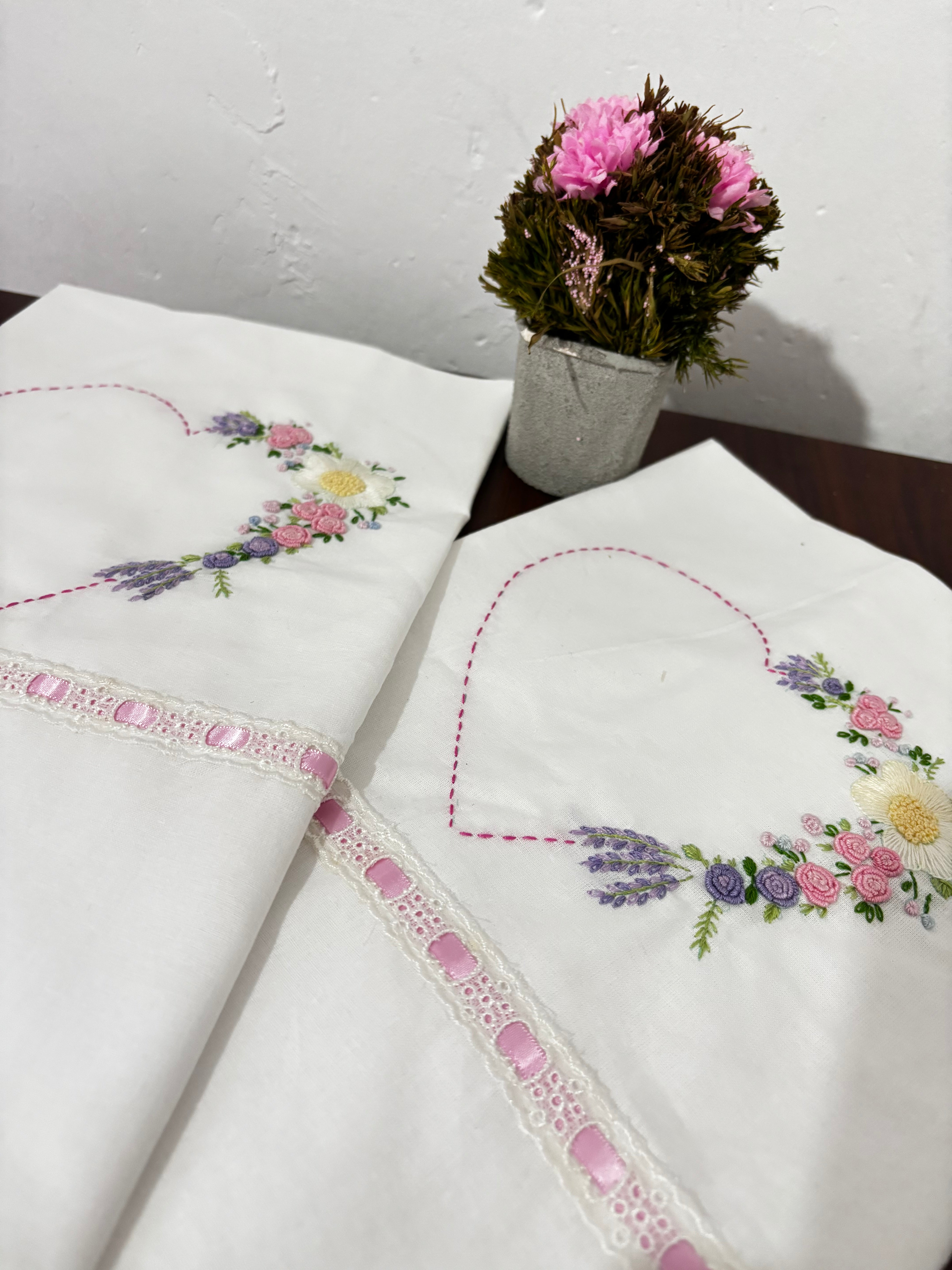 Set of 2 Heart Embroidered Pillow/Cushion Cover