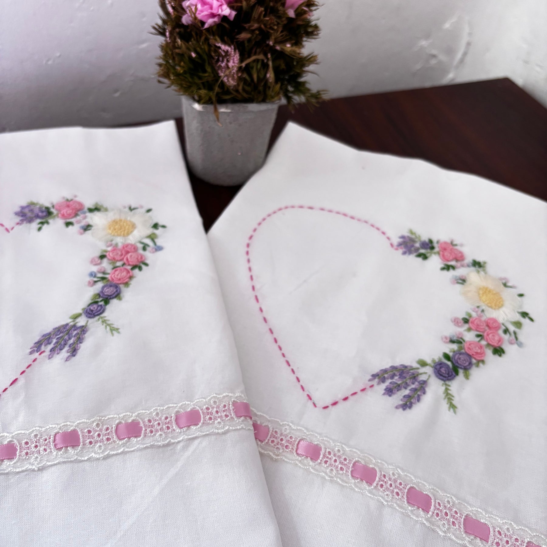 Set of 2 Heart Embroidered Pillow/Cushion Cover