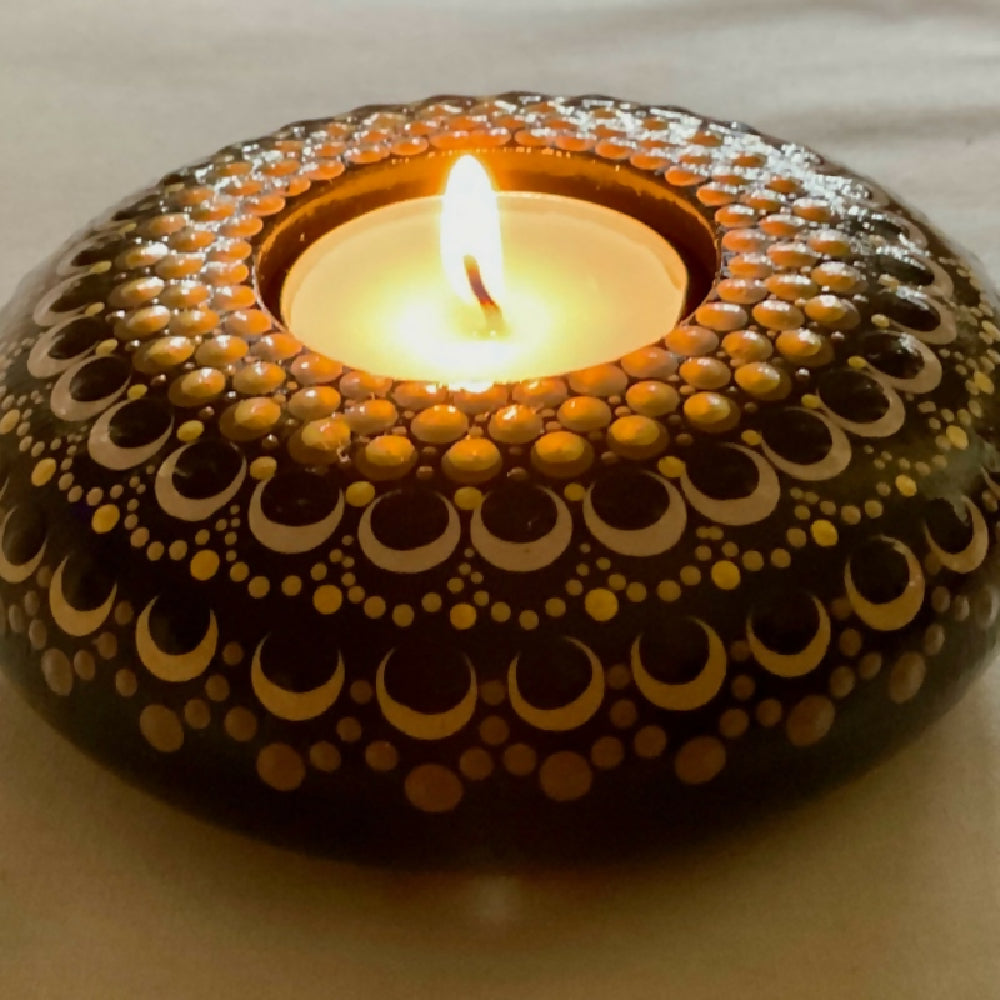 Hand-painted Tea-light Candle Holder Gift Boxed, Black and Gold