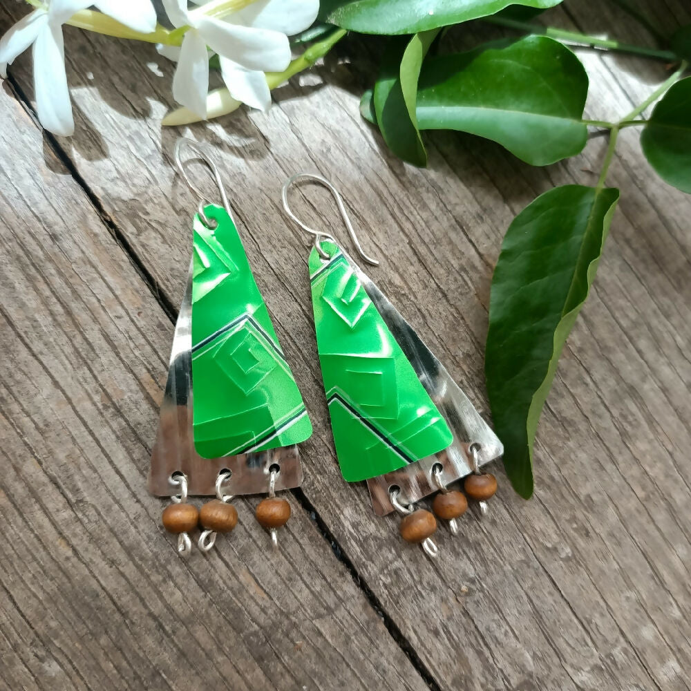 christmas tree earrings handmade upcycled green 2..