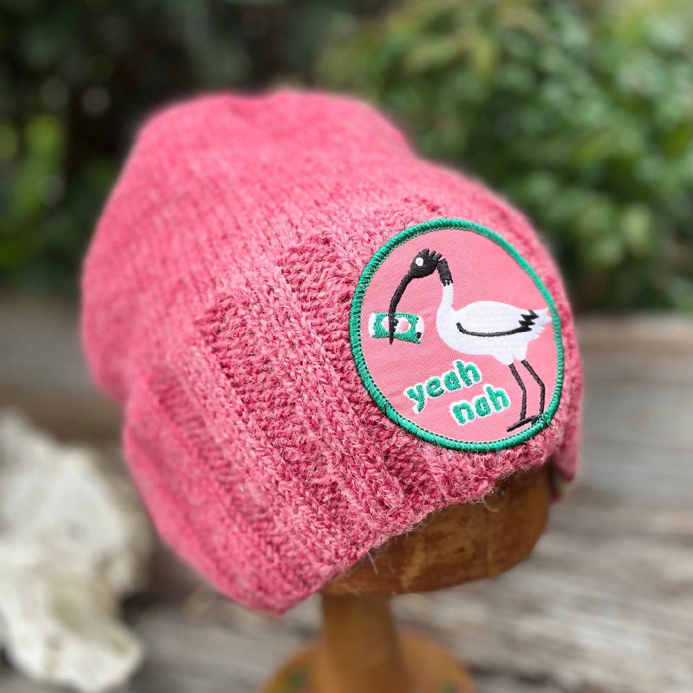 HATITUDE Pink Ibis Handknitted beanie with “Yea Nah” Patch