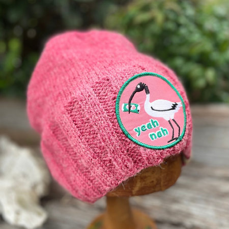 HATITUDE Pink Handknitted beanie with “Yea Nah” Patch