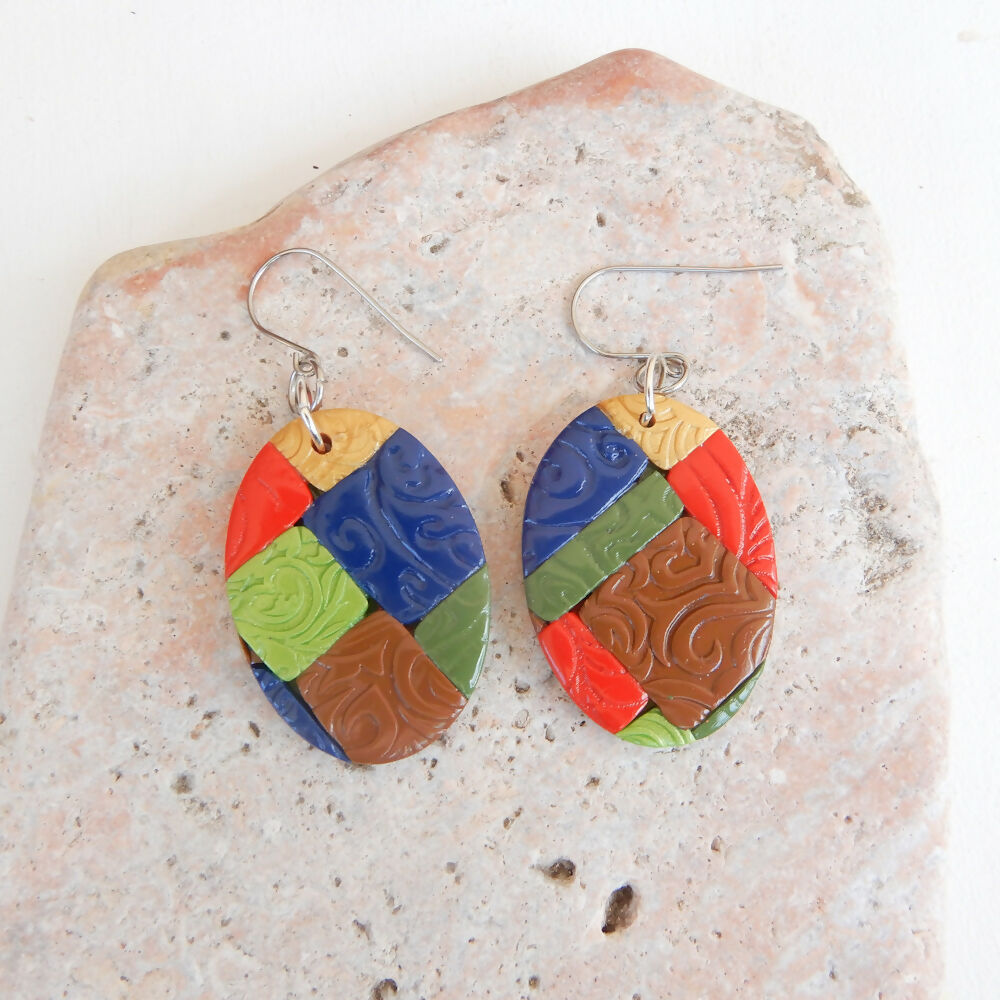 Patchwork Polymer Clay Earrings "Columbine" Oval