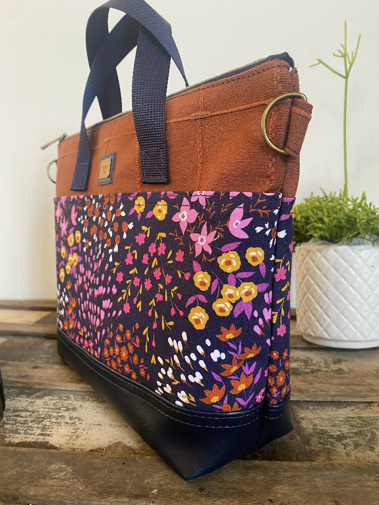 Lola Crossbody/Tote Bag - Brown, Navy, Lilac Floral/Navy Faux Leather