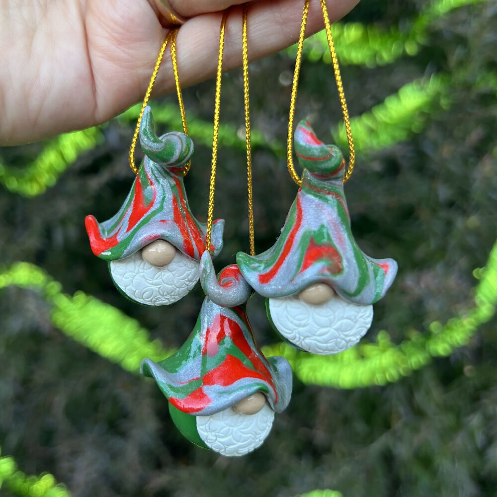 Gnome Christmas baubles trio - green, silver, red (green bottoms)