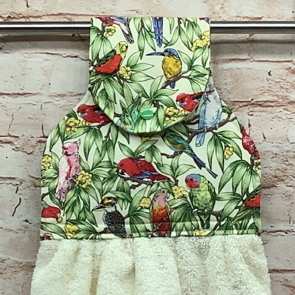 Australiana themed hanging hand towel with fabric and loop top. - 3 Designs
