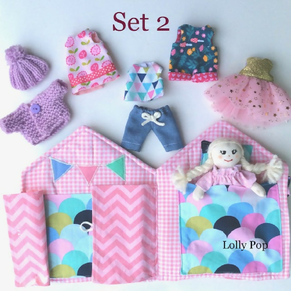 Lolly Pop Fabric Doll House with Doll and Clothing Wardrobe