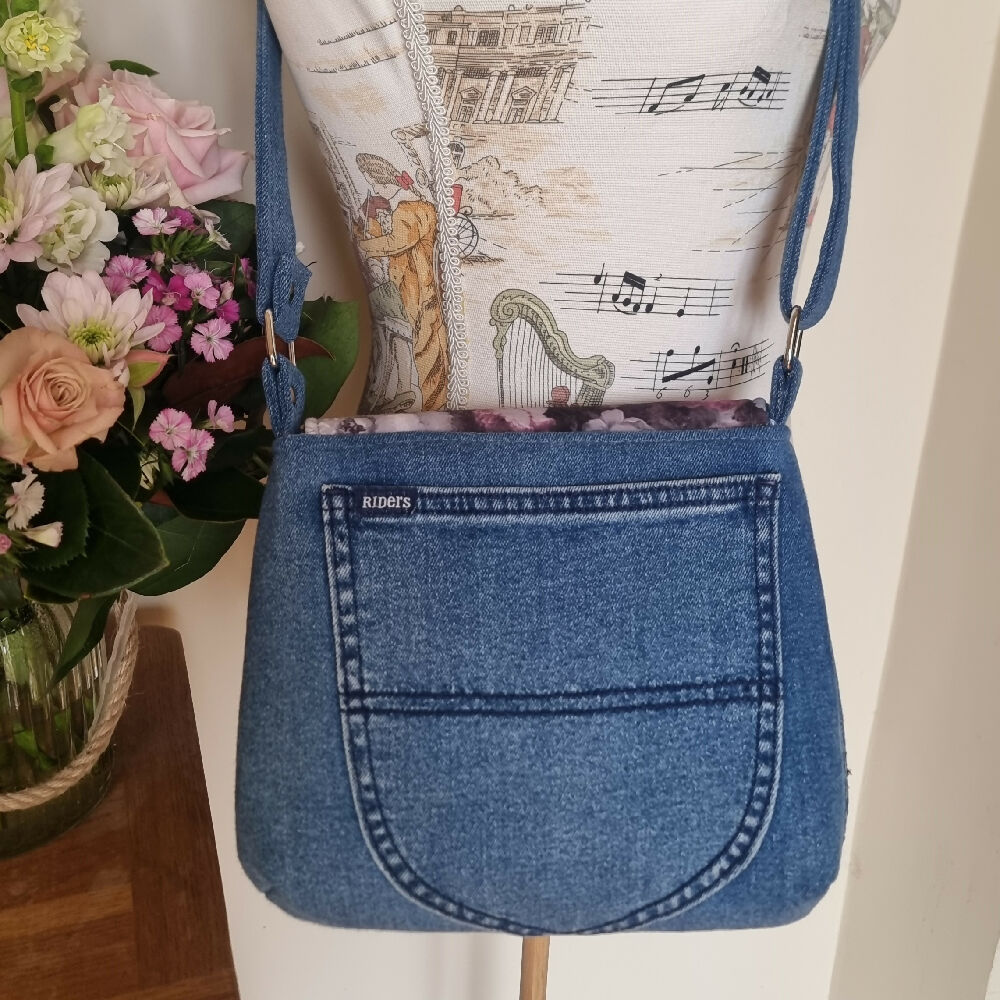 Upcycled mini messenger bag - denim & dusty flowers