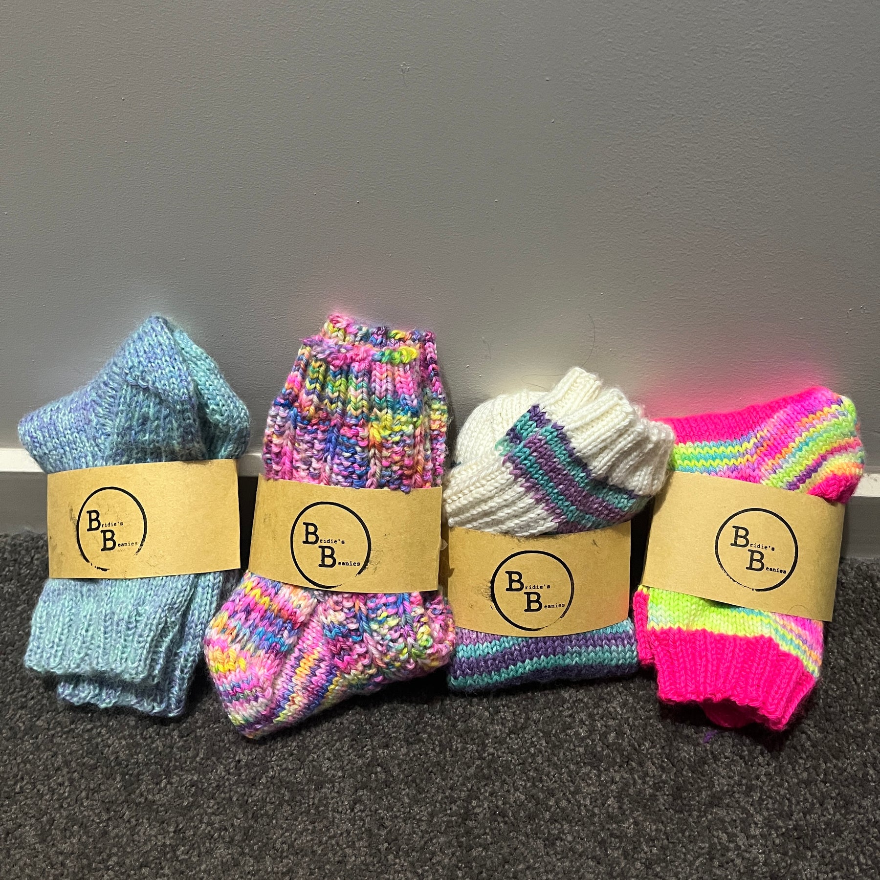 Hand knit rainbow socks using Australian Hand dyed yarn