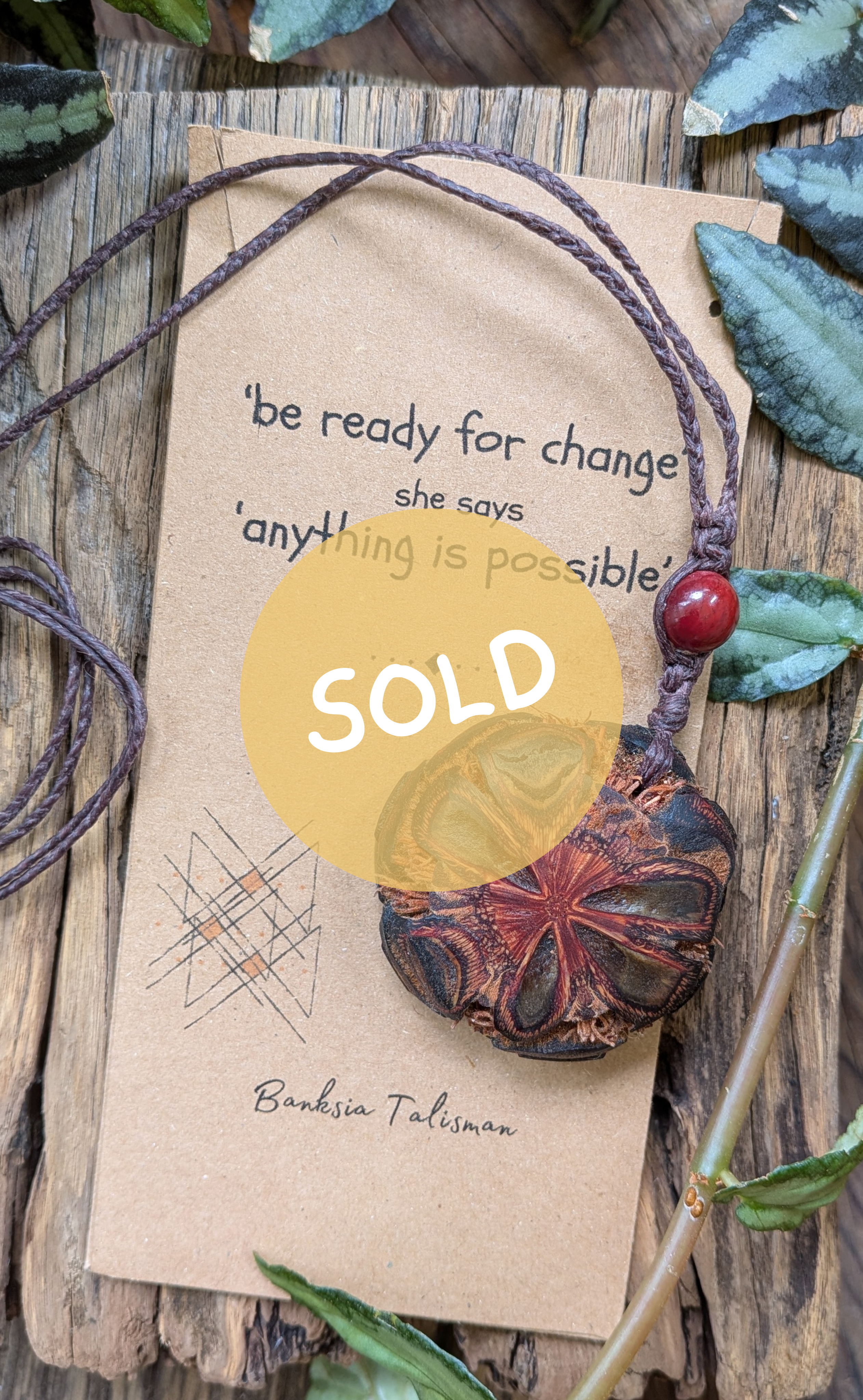 BANSKIA pod slice with MOOKIATE JASPER handmade necklace talisman