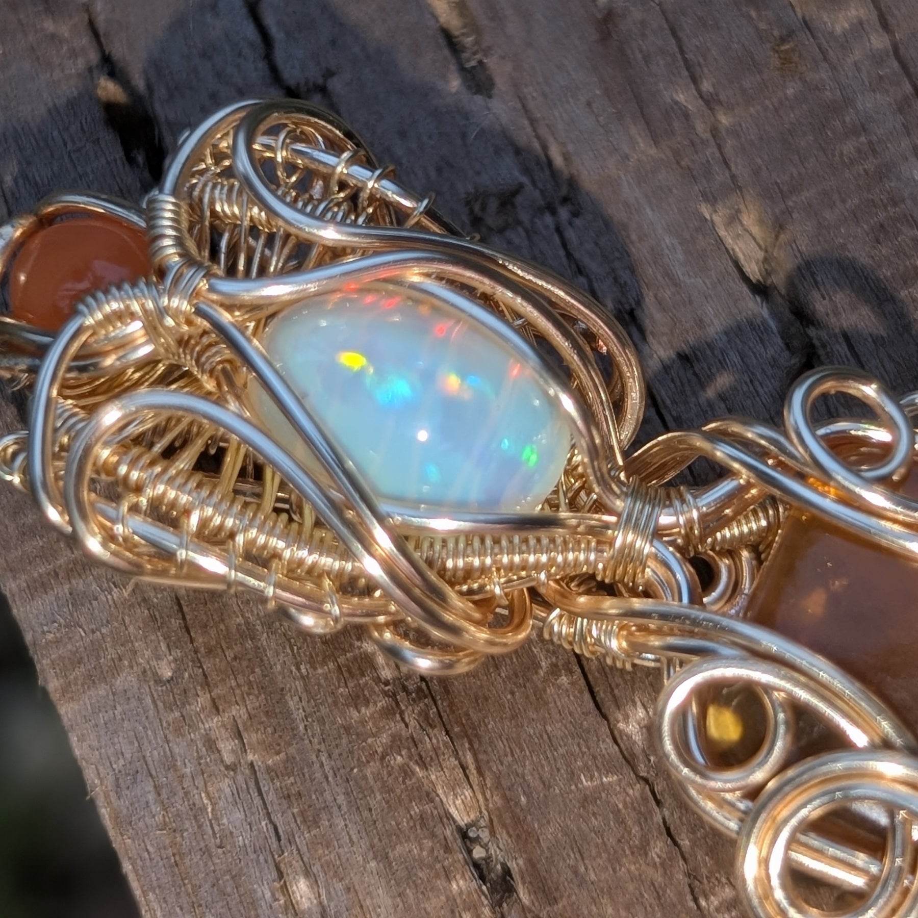 Puck - Ethiopian Opal, Golden Amber, & Carnelian in Gold Coloured Copper