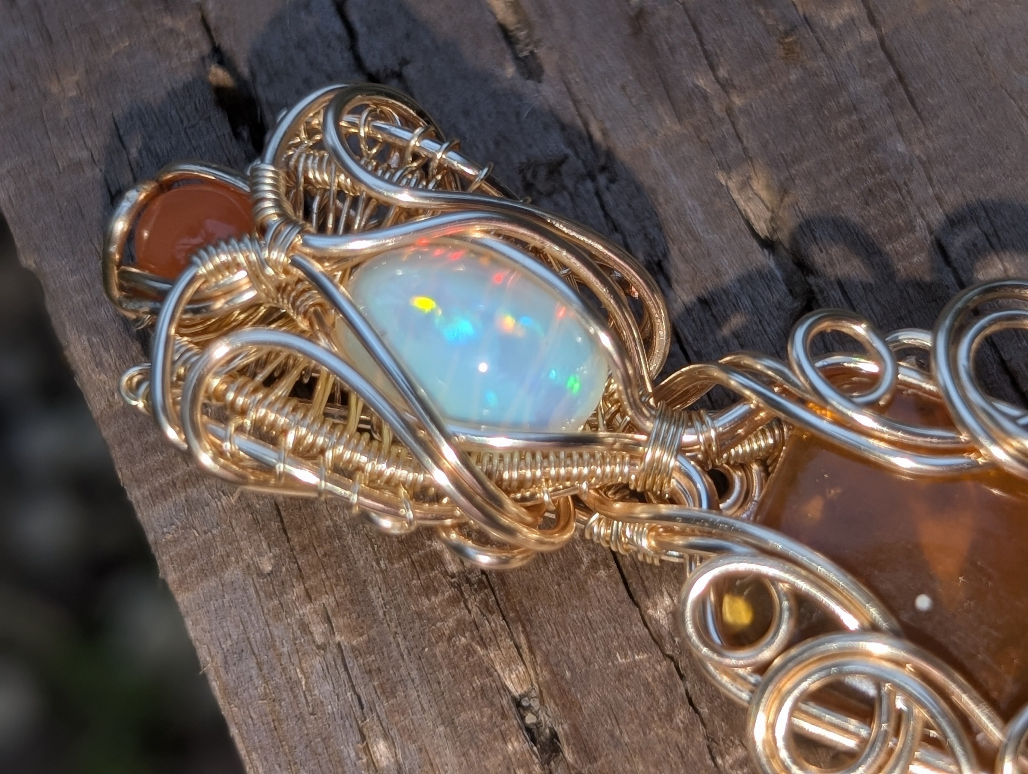 Puck - Ethiopian Opal, Golden Amber, & Carnelian in Gold Coloured Copper