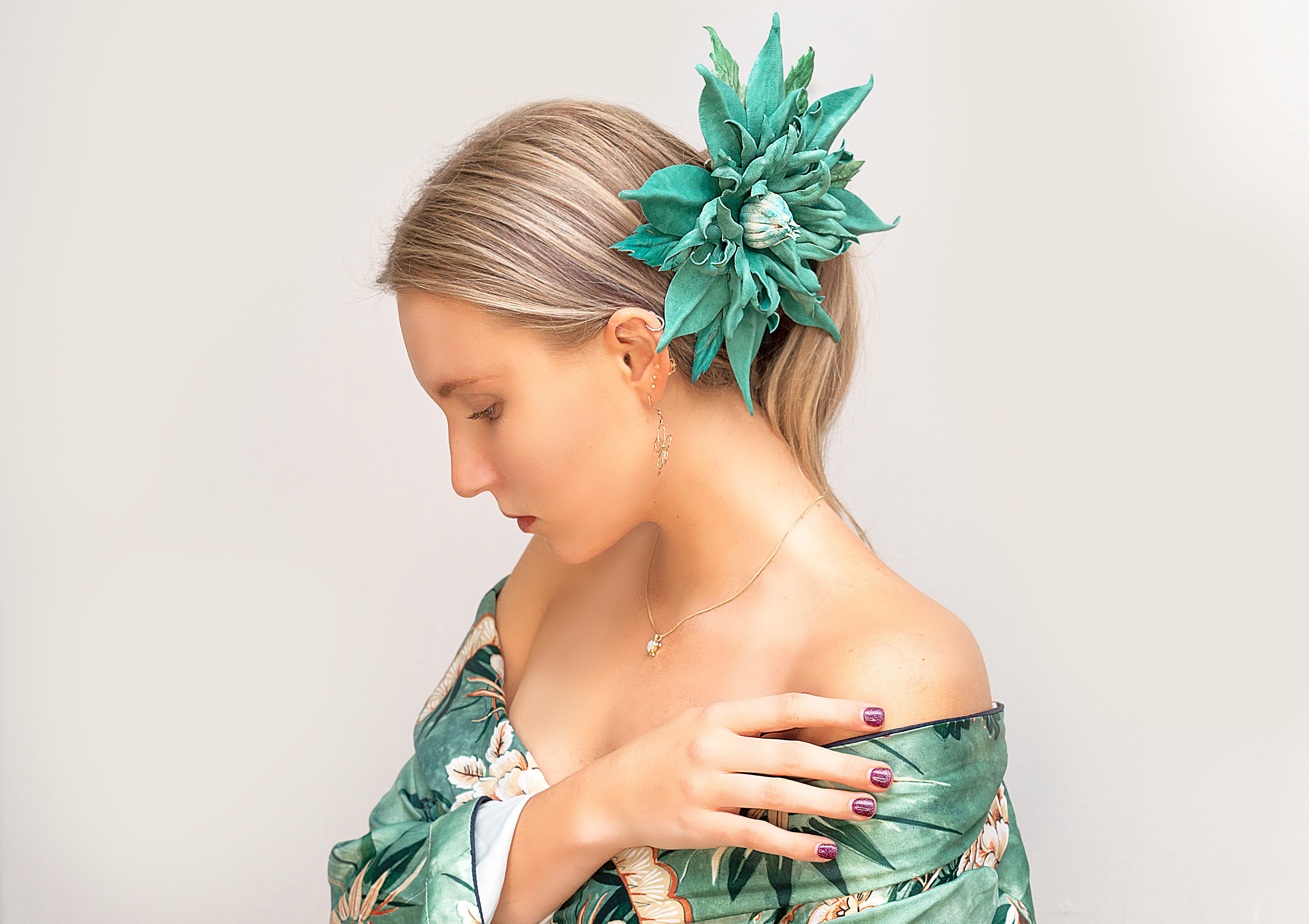LEATHER TURQUOISE CLEMATIS pin brooch hair hat clip fascinator.
