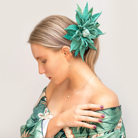 LEATHER TURQUOISE CLEMATIS “Sea Whisper” pin flower brooch hair hat clip fascinator.