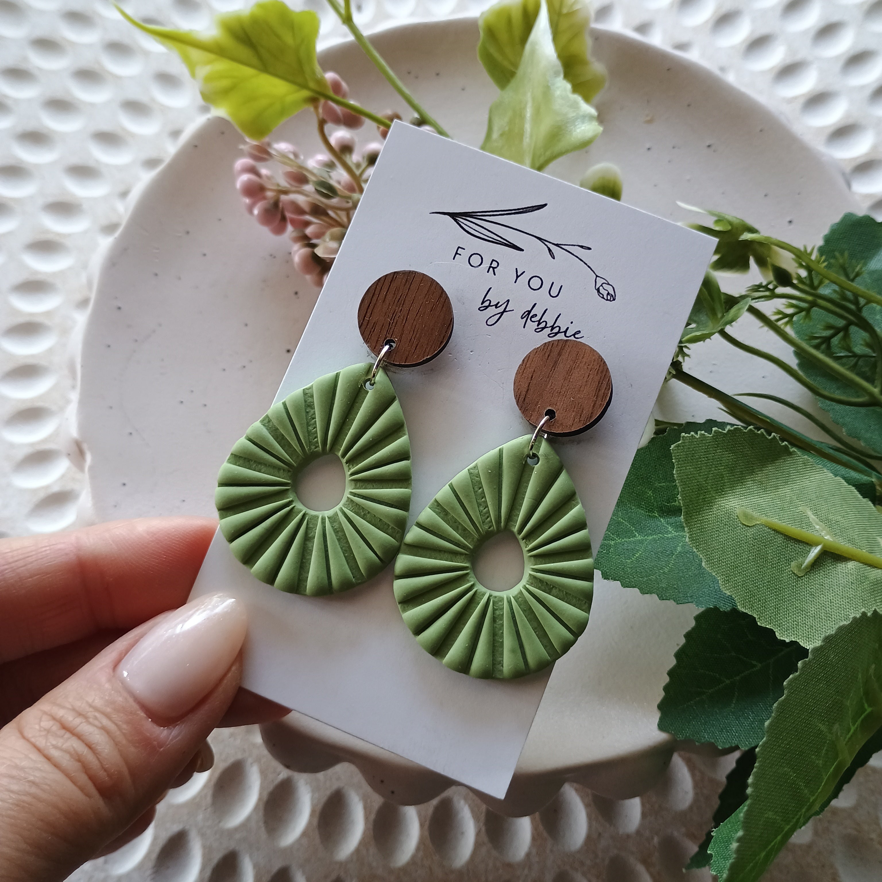 Karla dangle earrings- green and wood stud