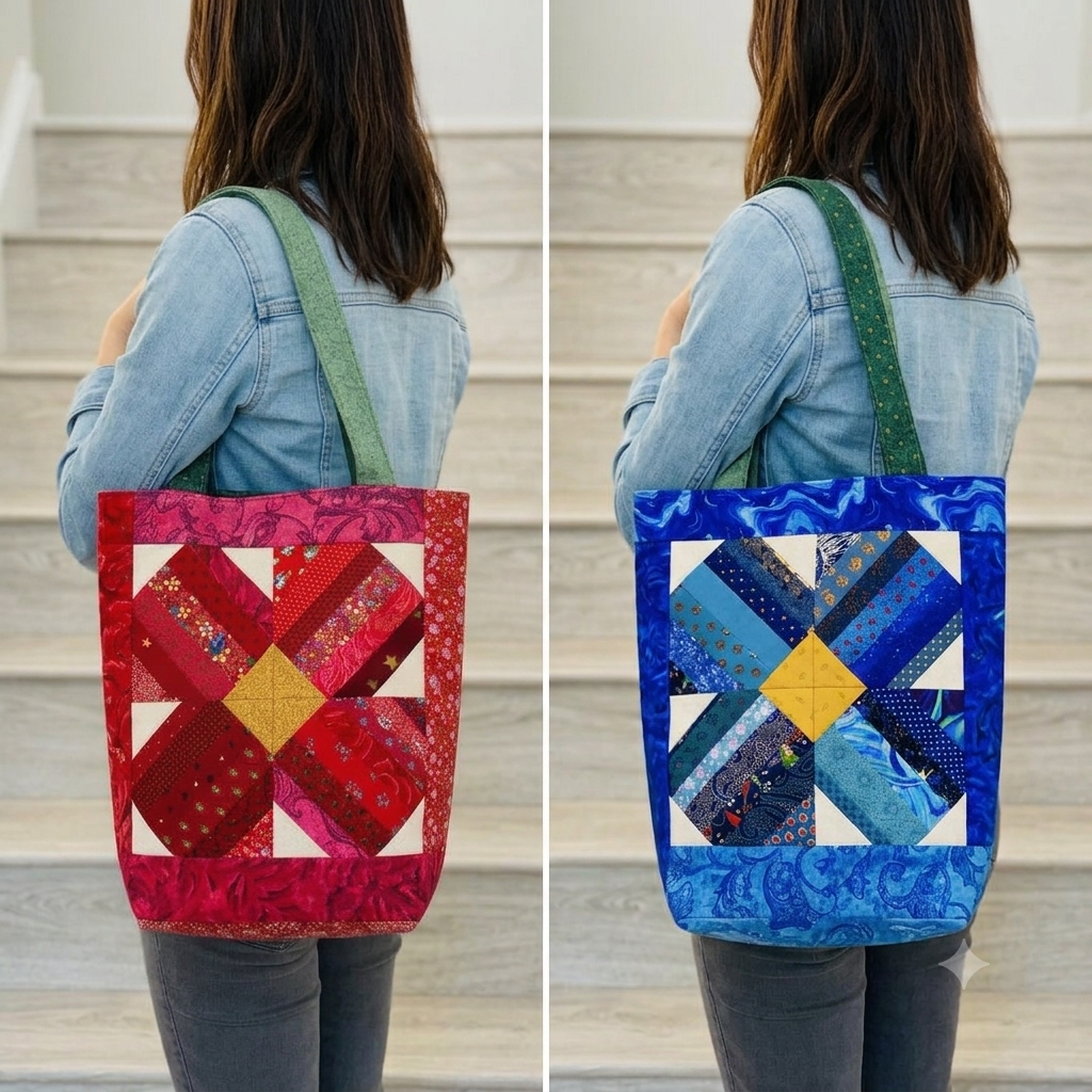 “Berry Blaze & Ocean Haze” Dual sided patchwork tote