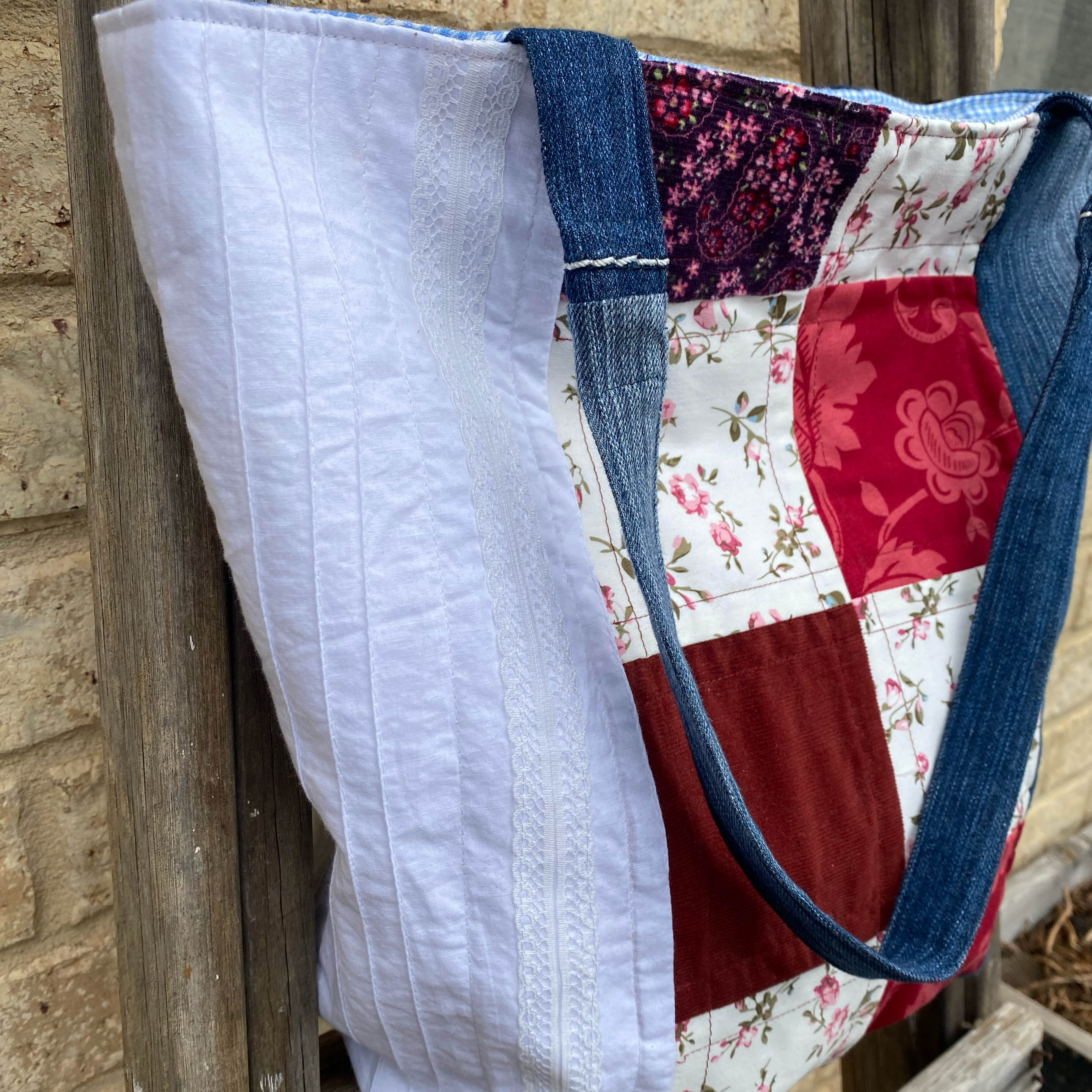 Vintage Posy Handmade Tote Bag Upcycled Vintage Fabrics & Denim