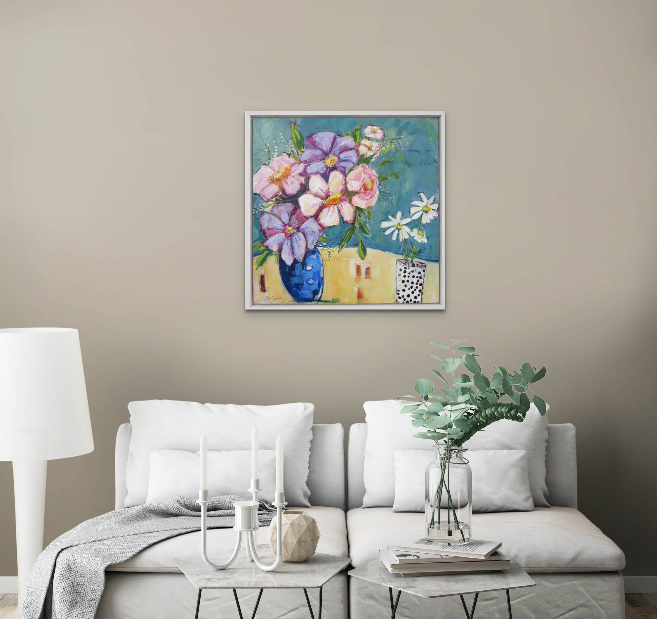 Modern Floral Painting - Blue Vase - Framed