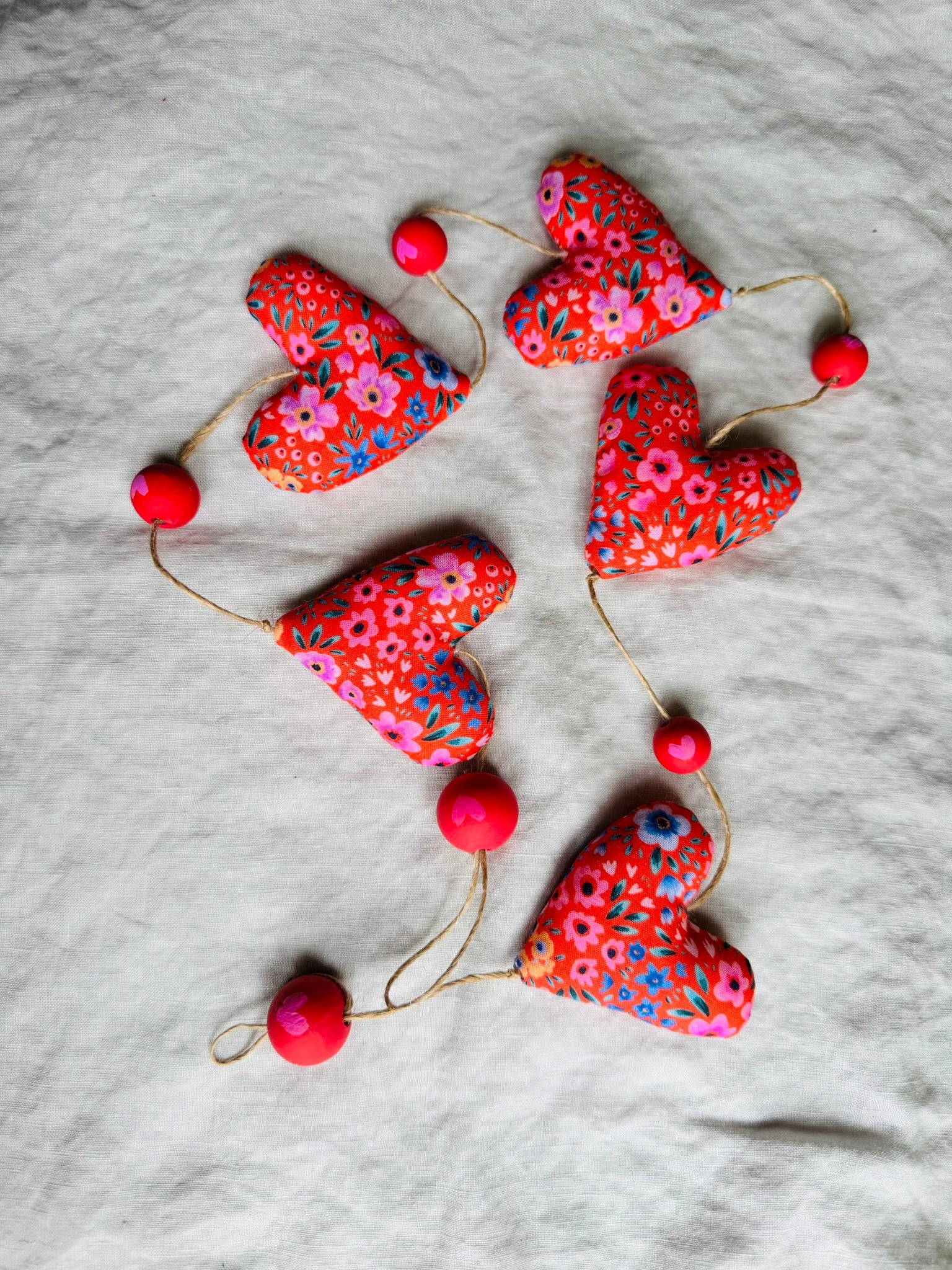Handmade 'string of love' hanging heart garland - Red floral