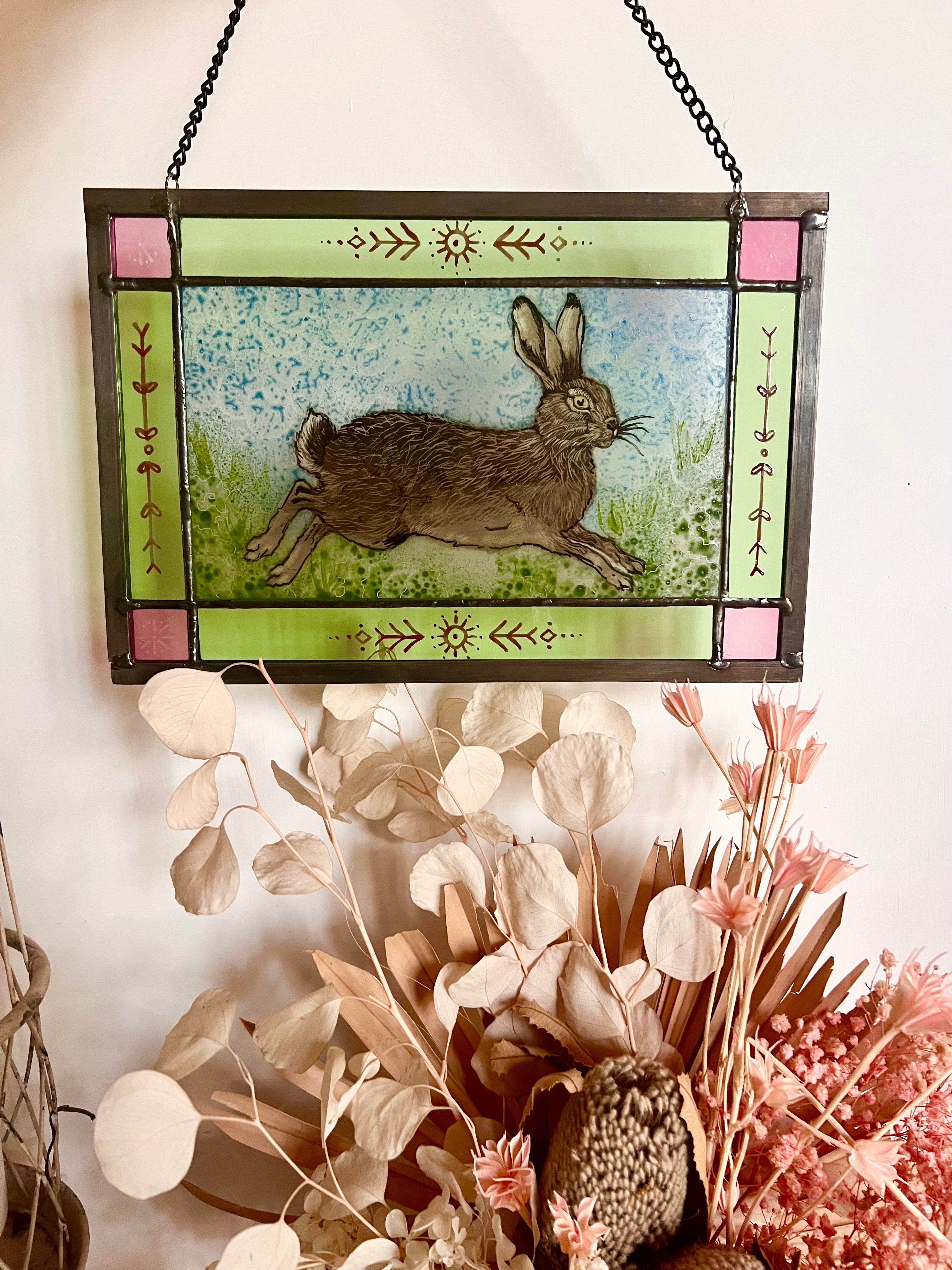 Running Hare stained-glass panel