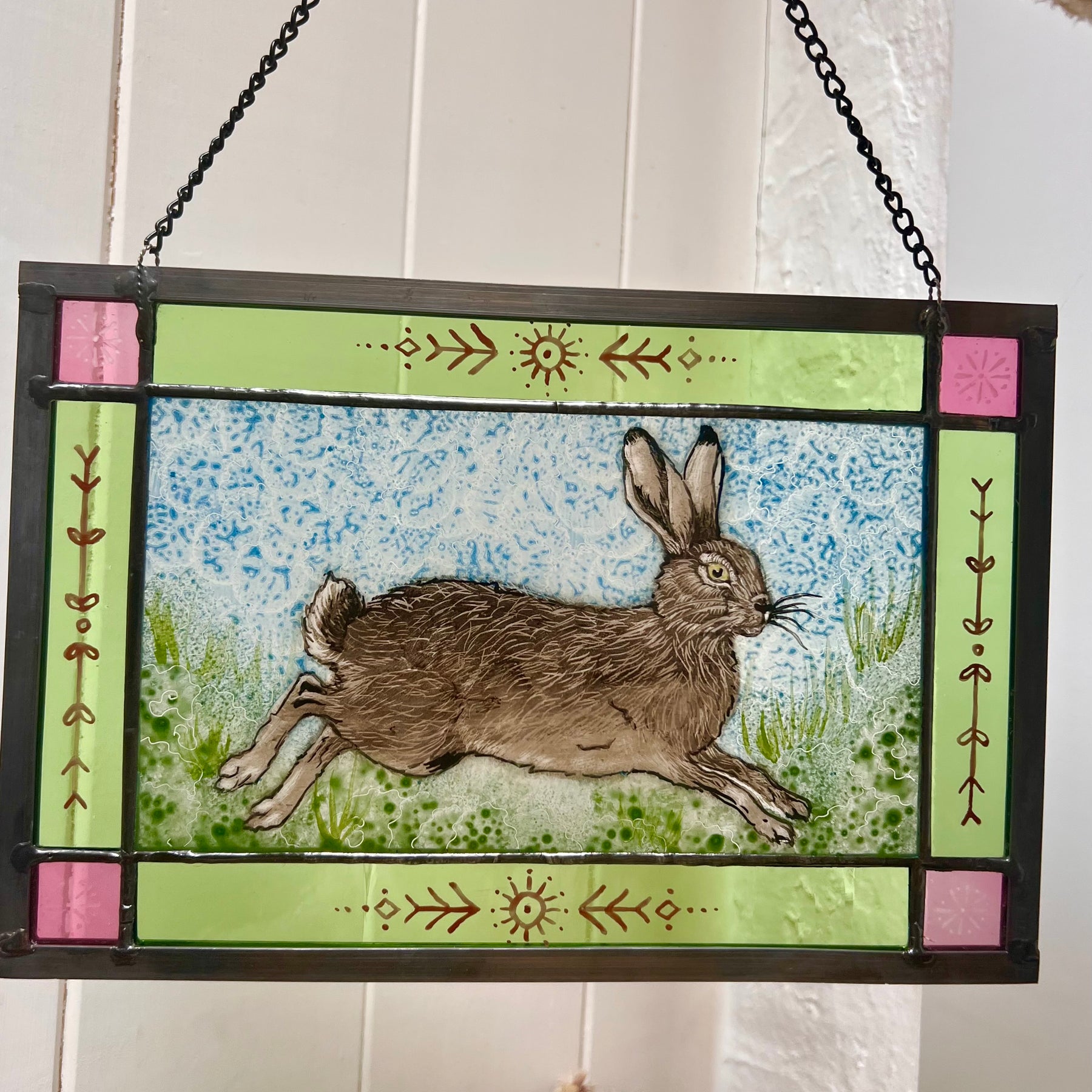 Running Hare stained-glass panel