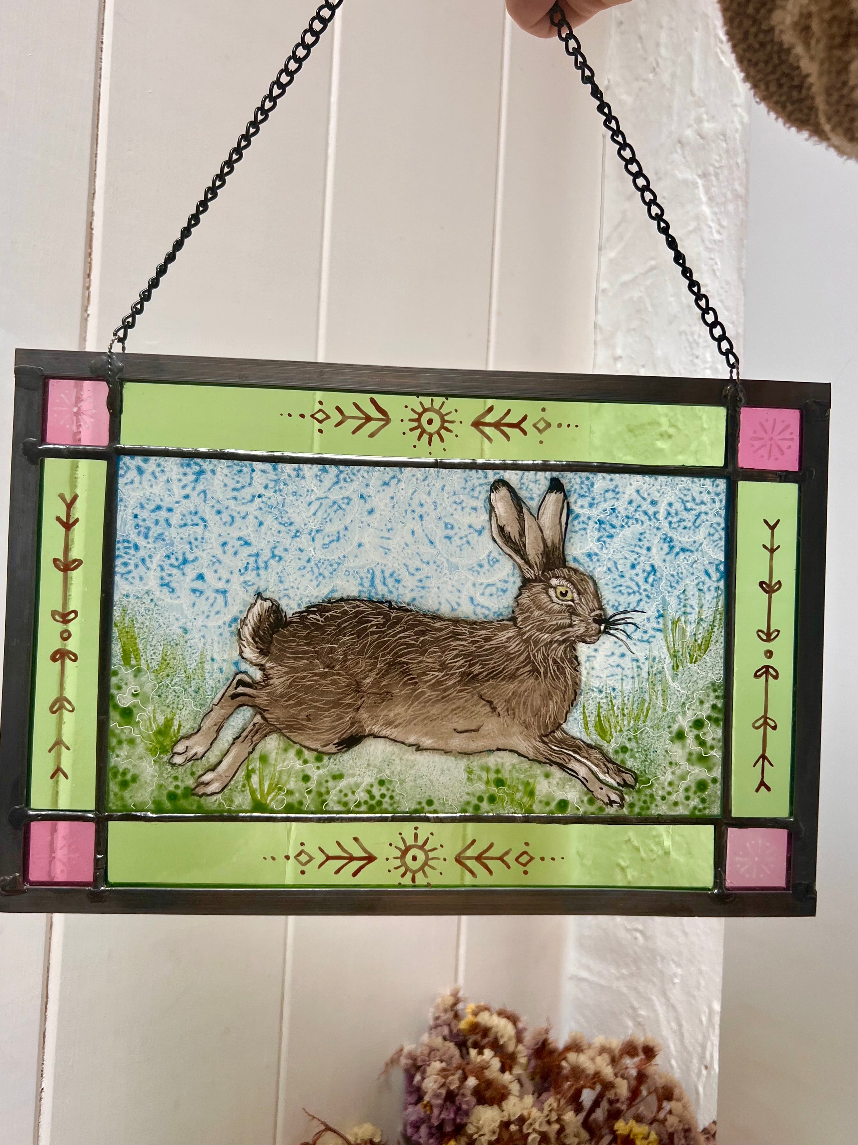 Running Hare stained-glass panel