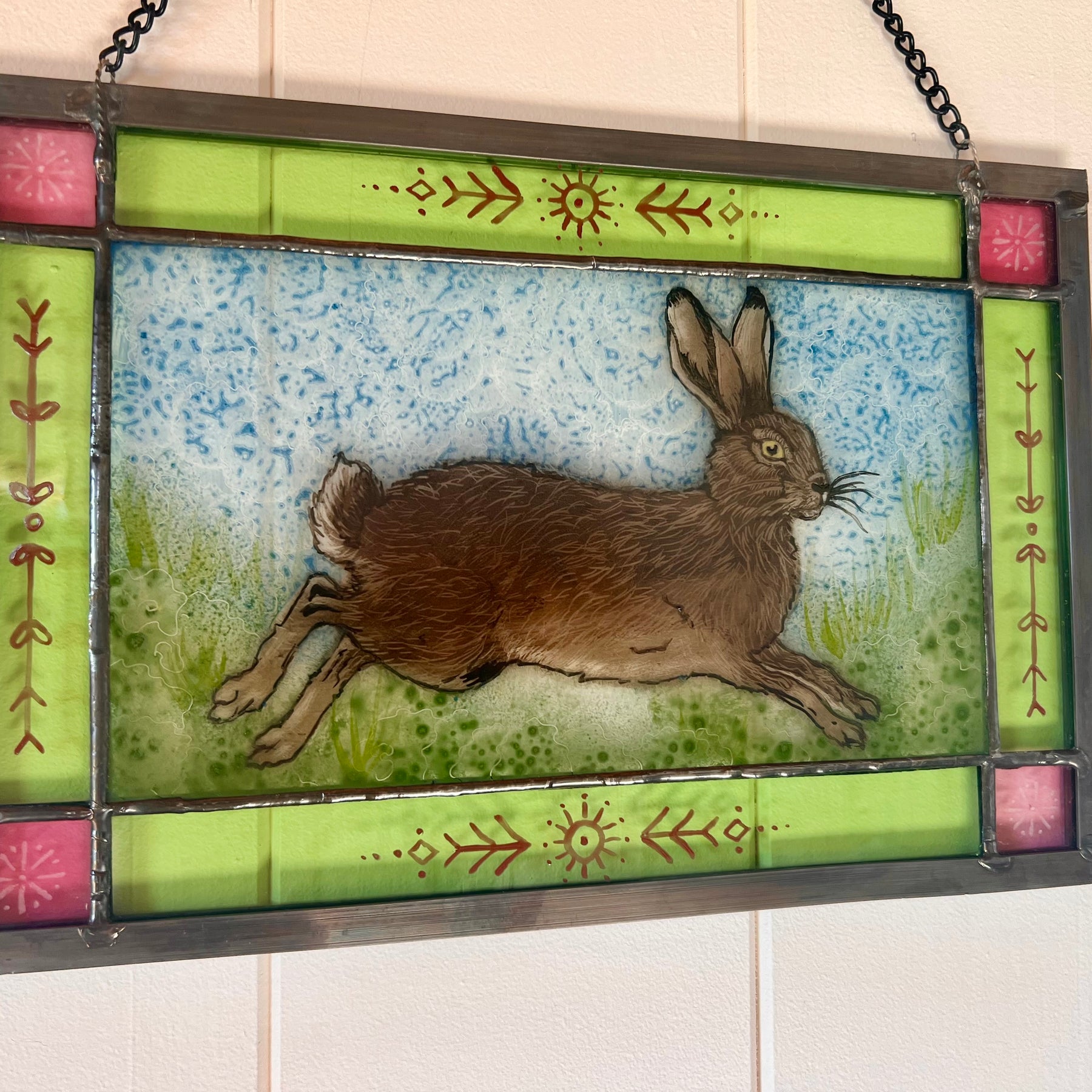 Running Hare stained-glass panel