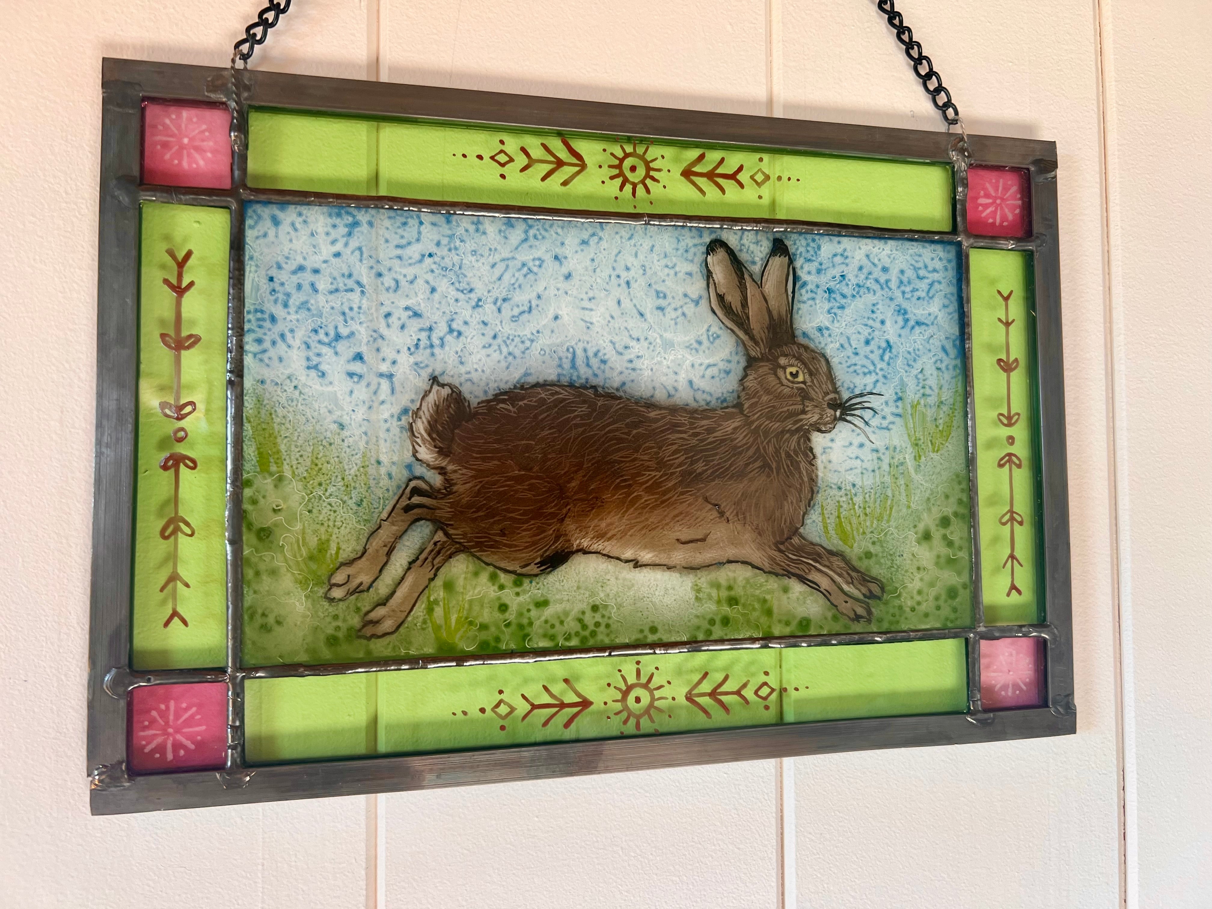 Running Hare stained-glass panel