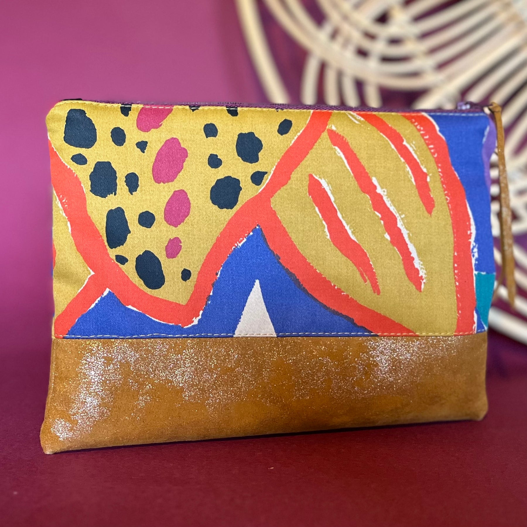Colourful, repurposed vintage fabric ZIP POUCH fully lined, leather accents